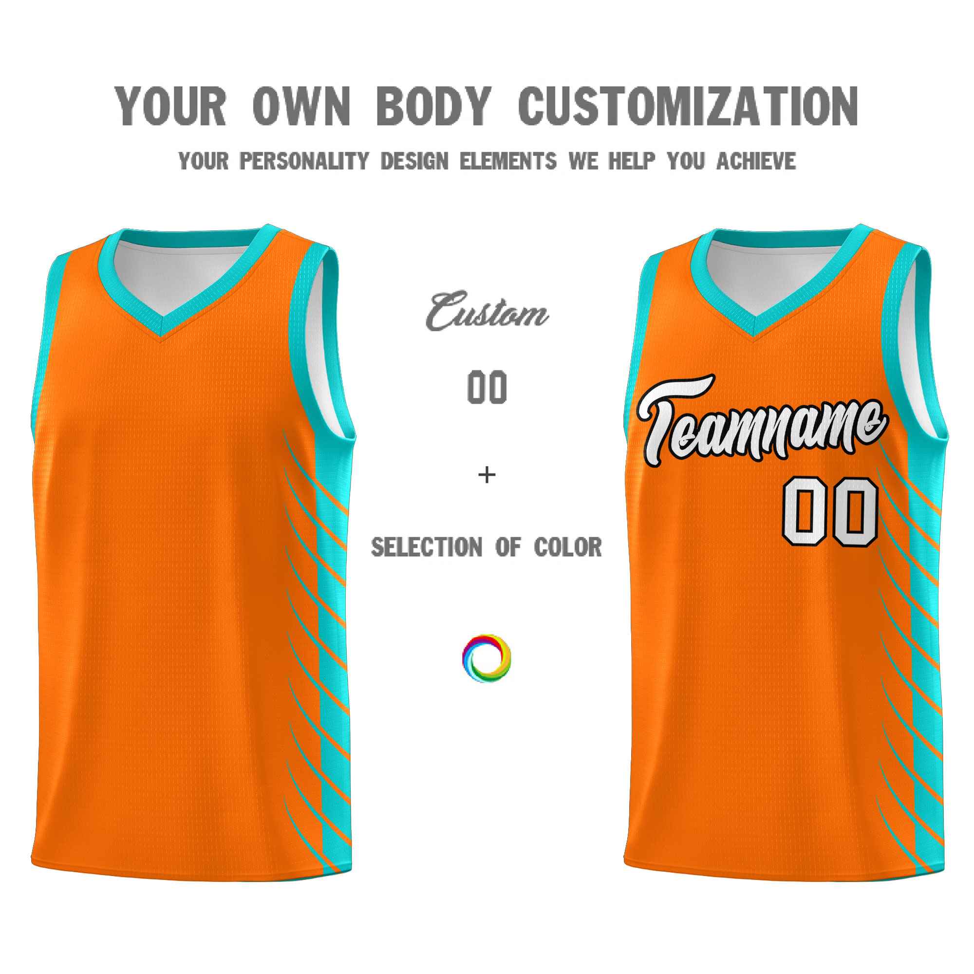 Custom Orange Aqua Personalized Side Symmetrical Line Pattern Sports Uniform Basketball Jersey