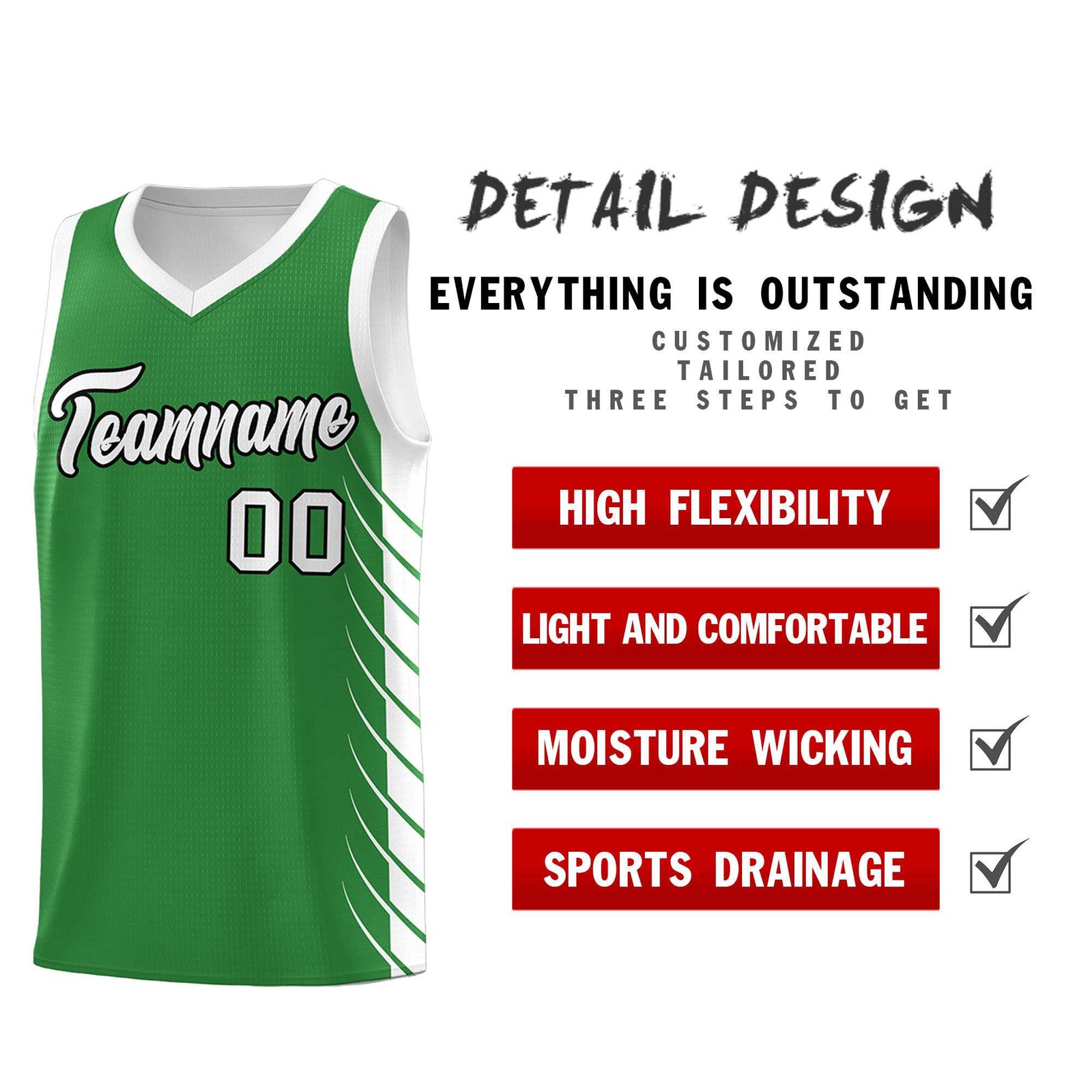 Custom Kelly Green White Personalized Side Symmetrical Line Pattern Sports Uniform Basketball Jersey