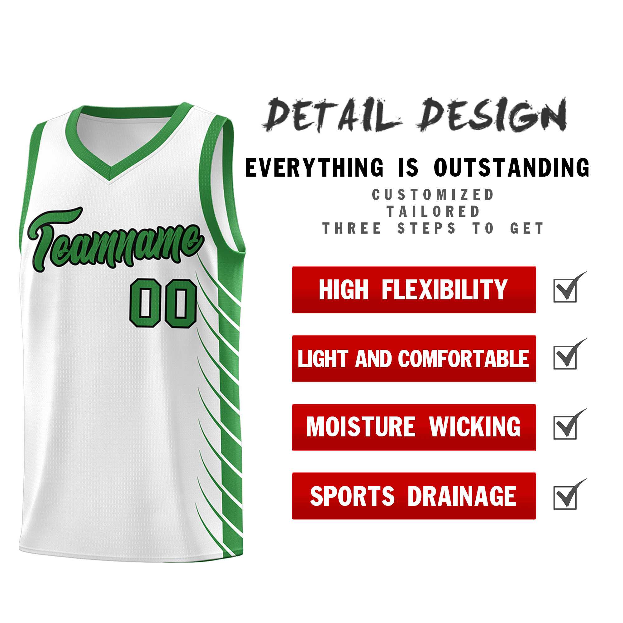 Custom White Kelly Green Personalized Side Symmetrical Line Pattern Sports Uniform Basketball Jersey