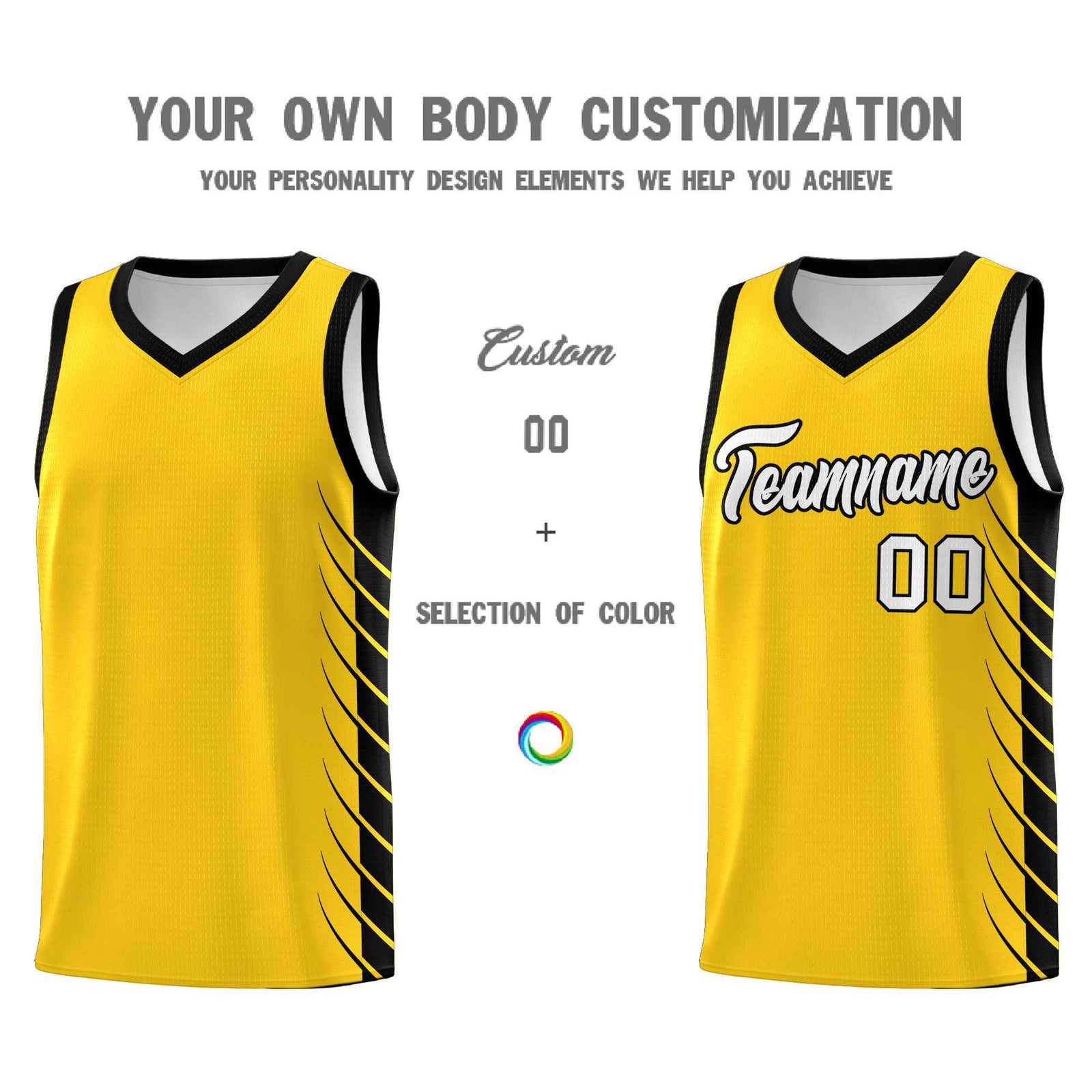 Custom Gold Black Personalized Side Symmetrical Line Pattern Sports Uniform Basketball Jersey