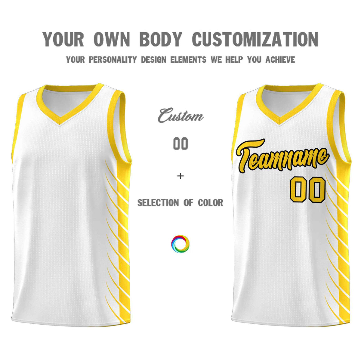 Custom White Gold Personalized Side Symmetrical Line Pattern Sports Uniform Basketball Jersey