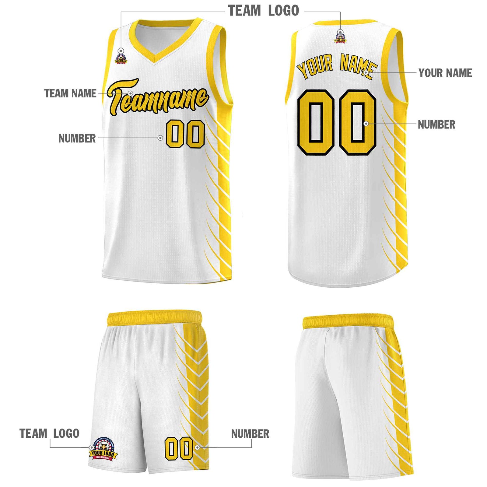 Custom White Gold Personalized Side Symmetrical Line Pattern Sports Uniform Basketball Jersey