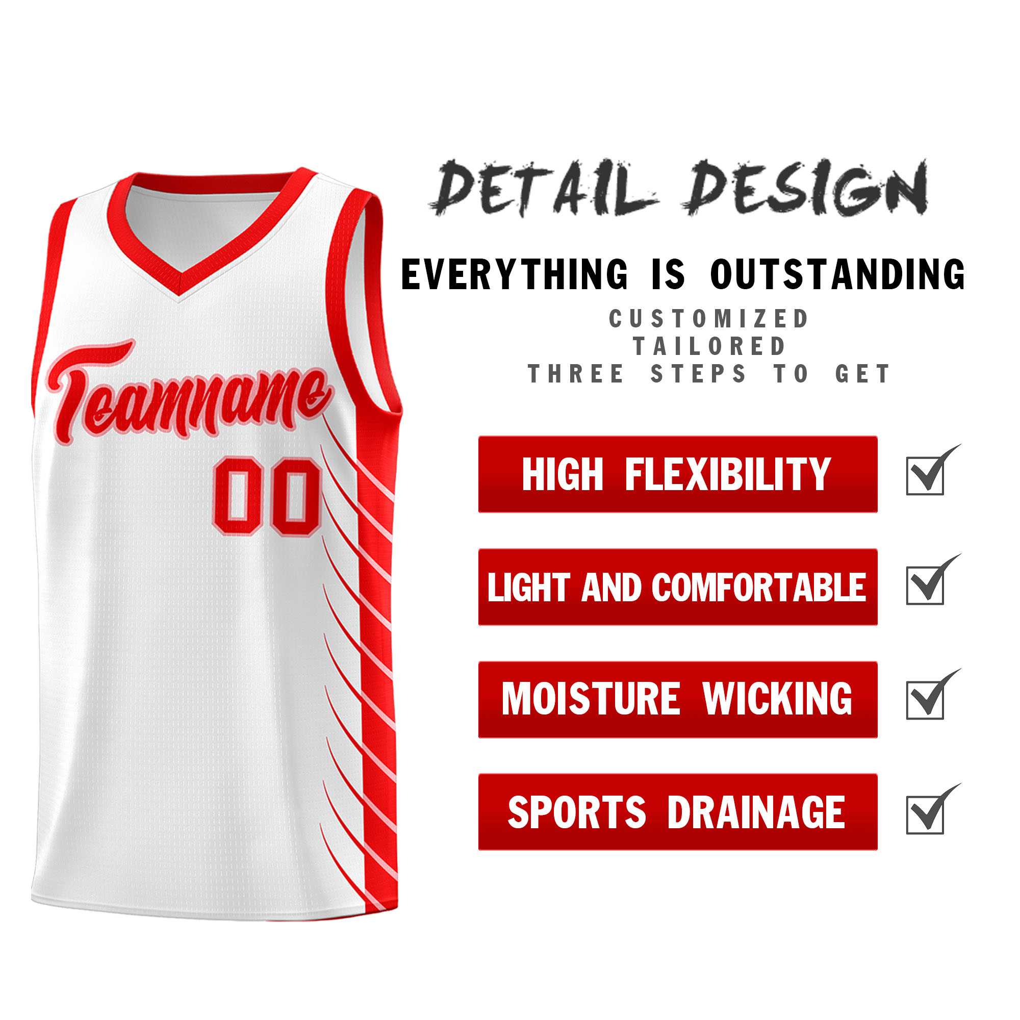 Custom White Light Red Personalized Side Symmetrical Line Pattern Sports Uniform Basketball Jersey