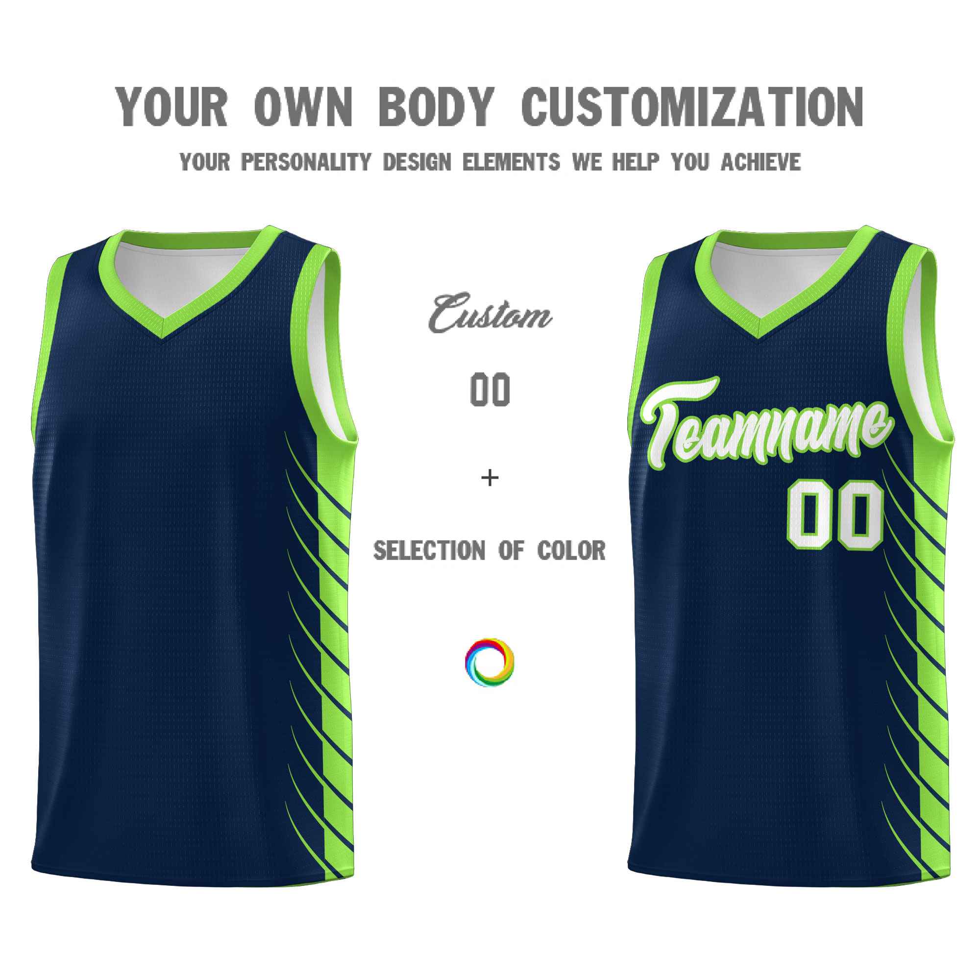 Custom Navy Fluorescent Green Personalized Side Symmetrical Line Pattern Sports Uniform Basketball Jersey