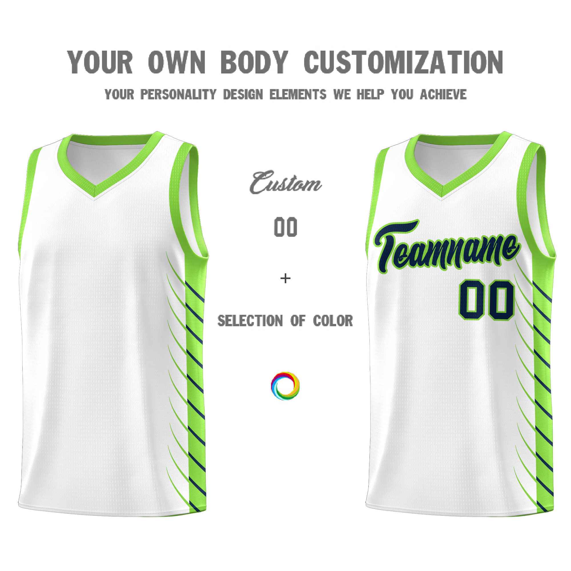 Custom White Fluorescent Green Personalized Side Symmetrical Line Pattern Sports Uniform Basketball Jersey