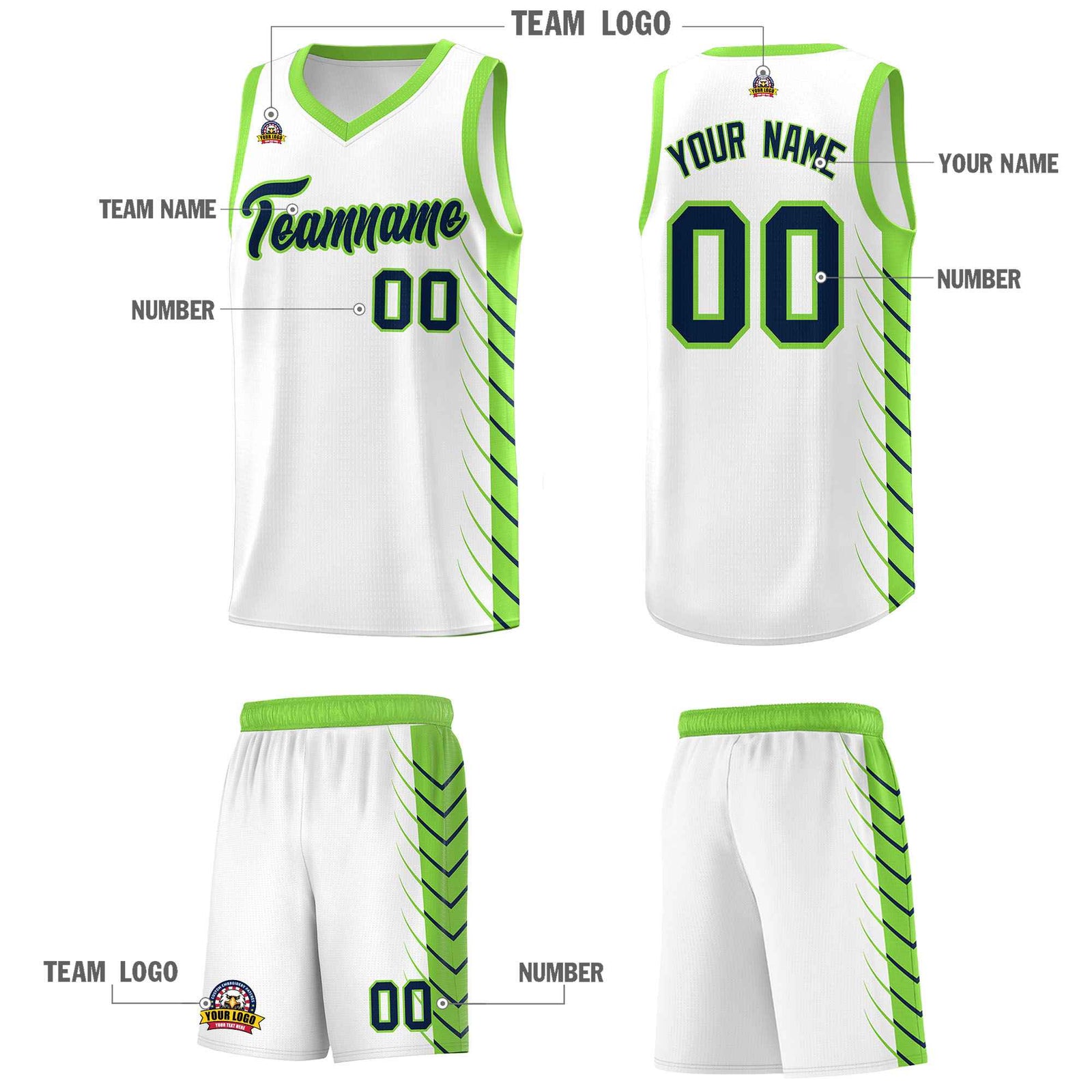 Custom White Fluorescent Green Personalized Side Symmetrical Line Pattern Sports Uniform Basketball Jersey