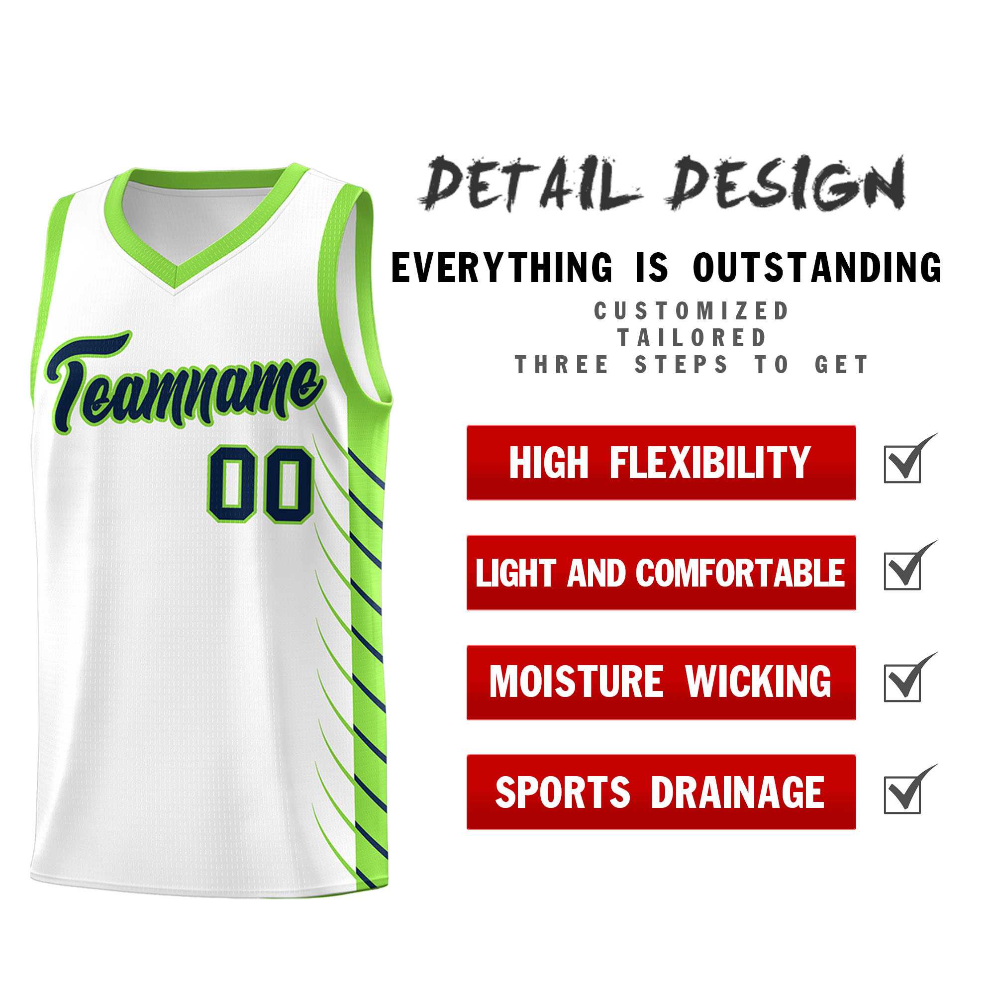 Custom White Fluorescent Green Personalized Side Symmetrical Line Pattern Sports Uniform Basketball Jersey
