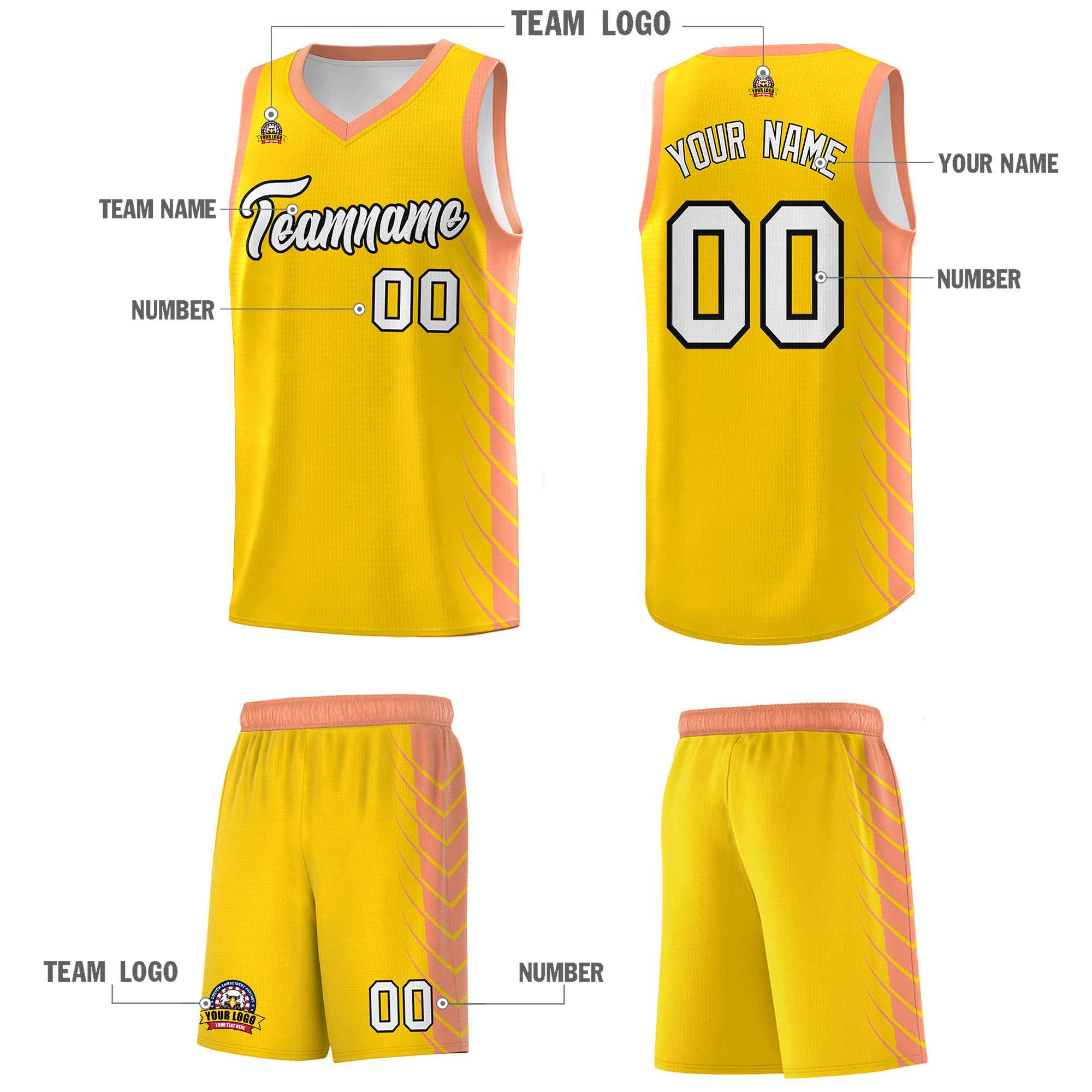 Custom Gold Light Orange Personalized Side Symmetrical Line Pattern Sports Uniform Basketball Jersey