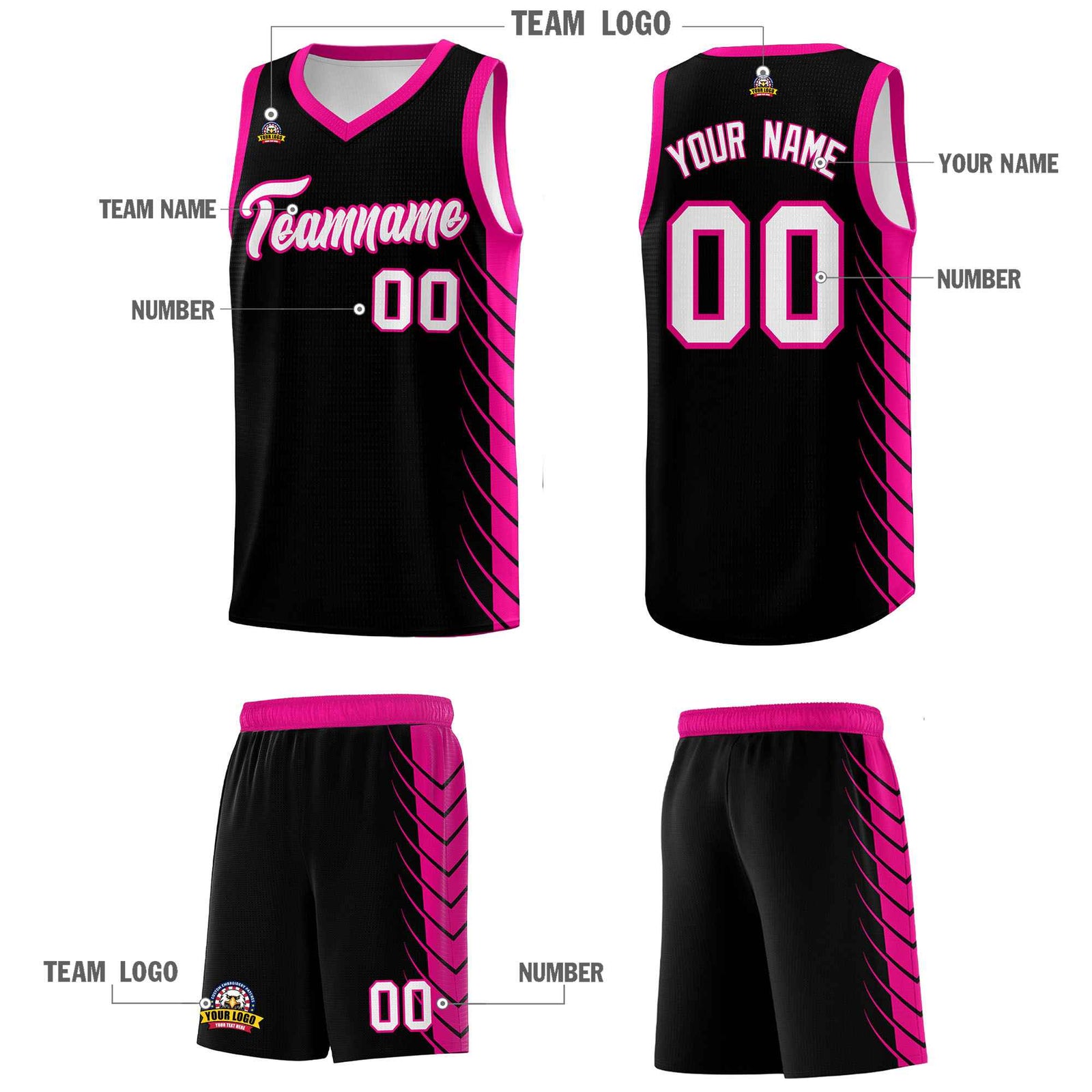 Custom Black Pink Personalized Side Symmetrical Line Pattern Sports Uniform Basketball Jersey