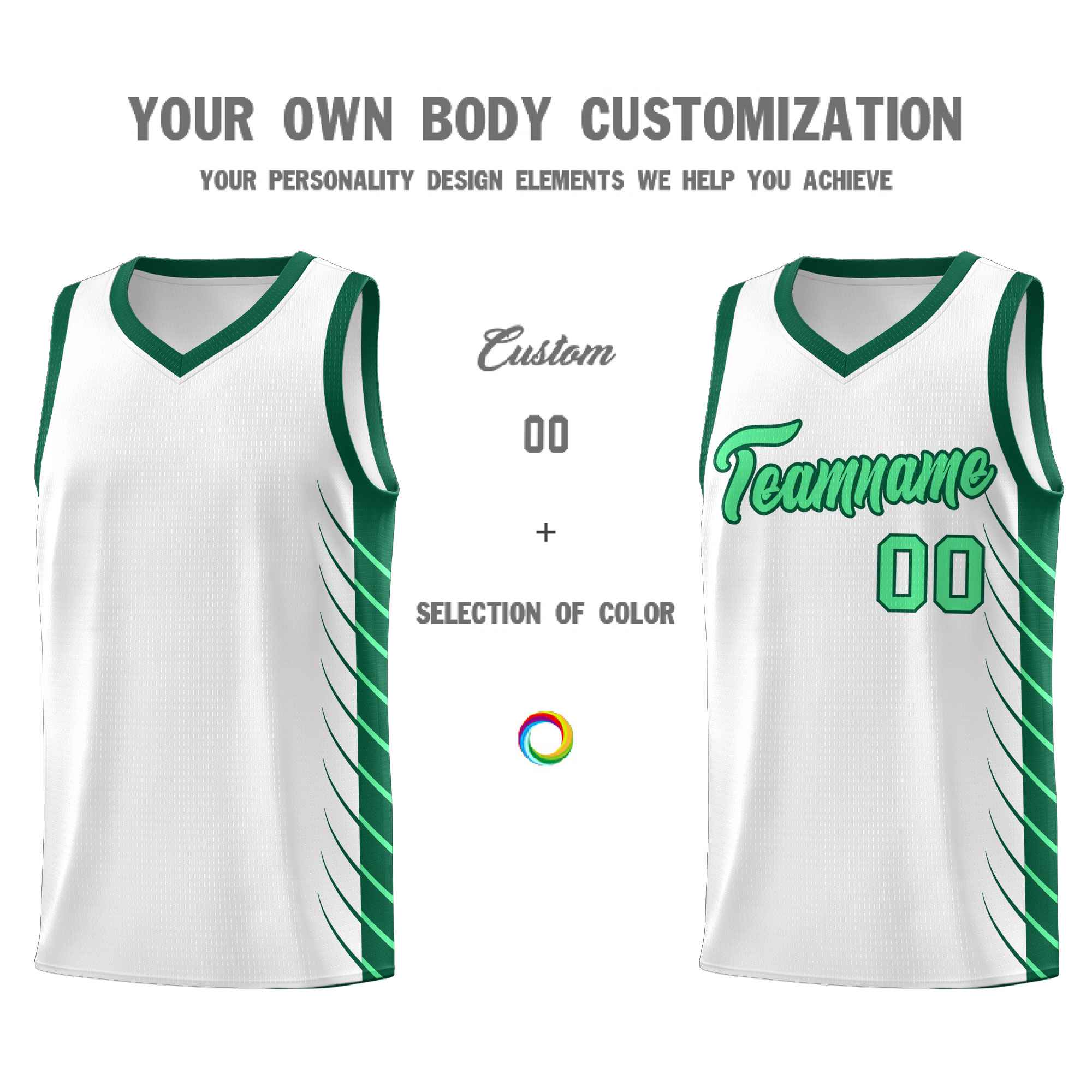 Custom White Kelly Green Personalized Side Symmetrical Line Pattern Sports Uniform Basketball Jersey
