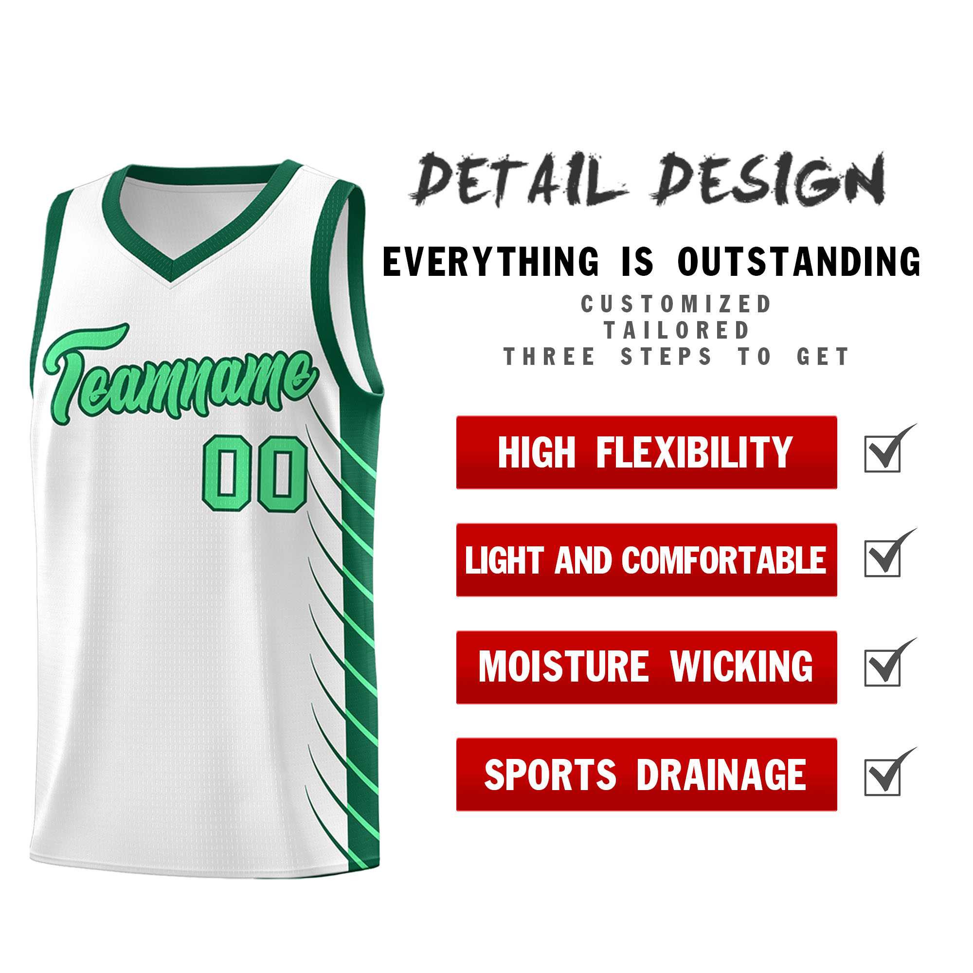 Custom White Kelly Green Personalized Side Symmetrical Line Pattern Sports Uniform Basketball Jersey