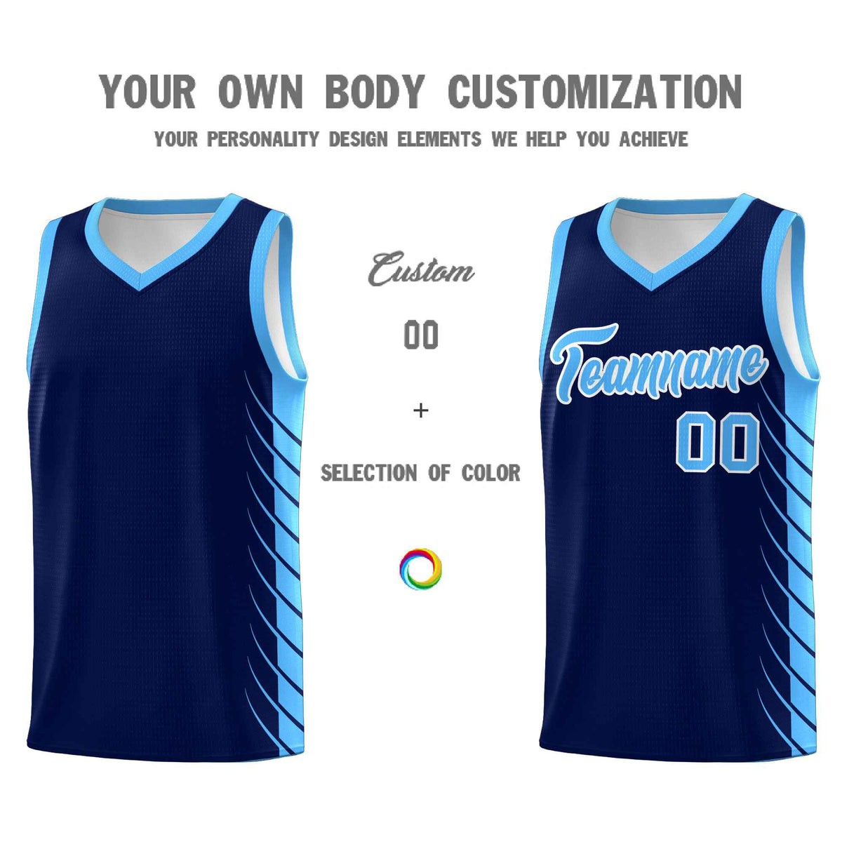 Custom Navy Powder Blue Personalized Side Symmetrical Line Pattern Sports Uniform Basketball Jersey