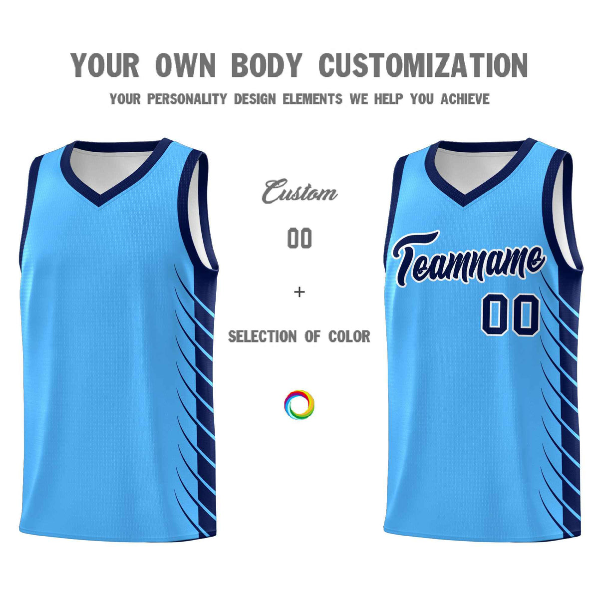 Custom Powder Blue Navy Personalized Side Symmetrical Line Pattern Sports Uniform Basketball Jersey