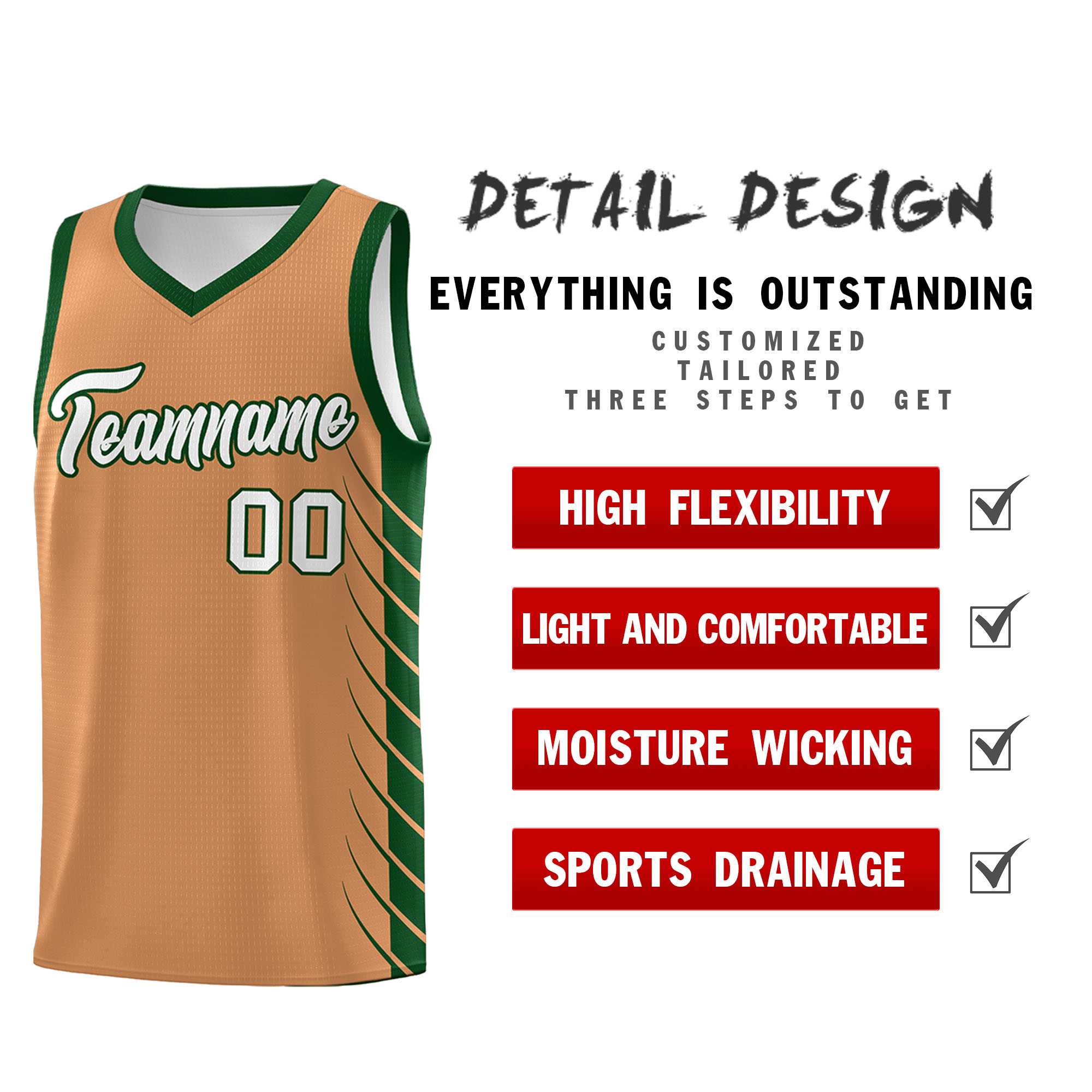 Custom Buckskin Brown Green Personalized Side Symmetrical Line Pattern Sports Uniform Basketball Jersey