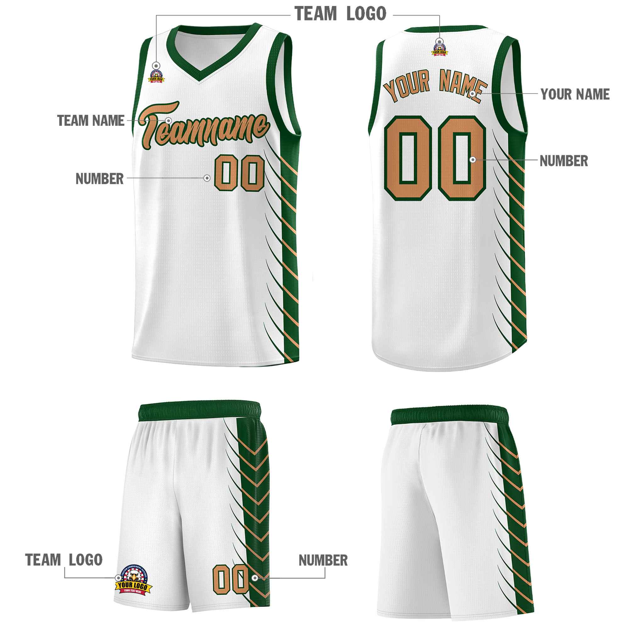 Custom White Green Personalized Side Symmetrical Line Pattern Sports Uniform Basketball Jersey