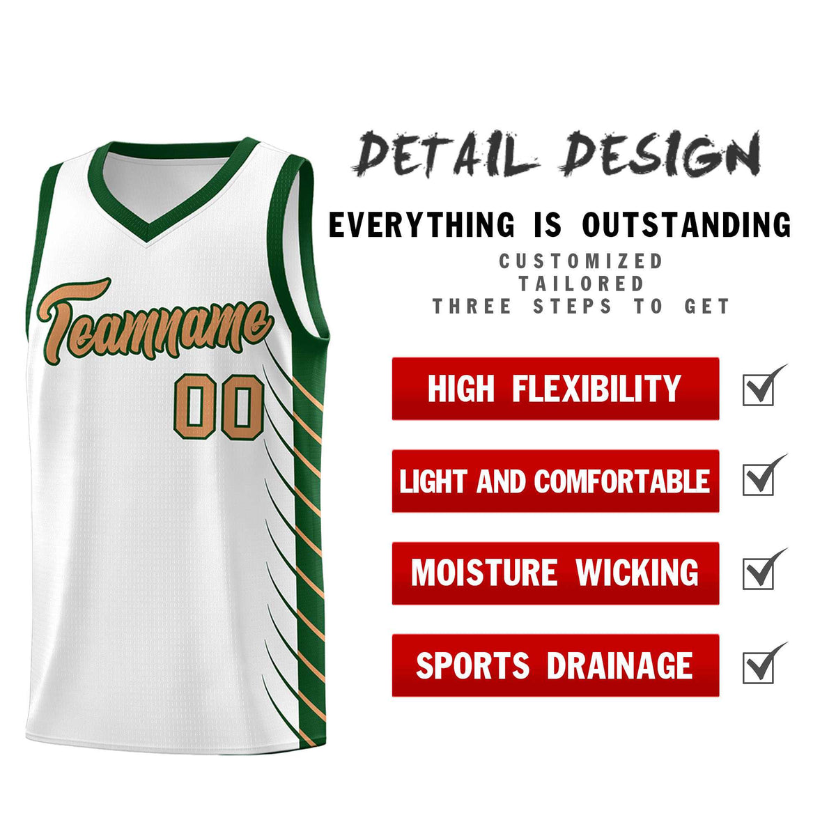 Custom White Green Personalized Side Symmetrical Line Pattern Sports Uniform Basketball Jersey