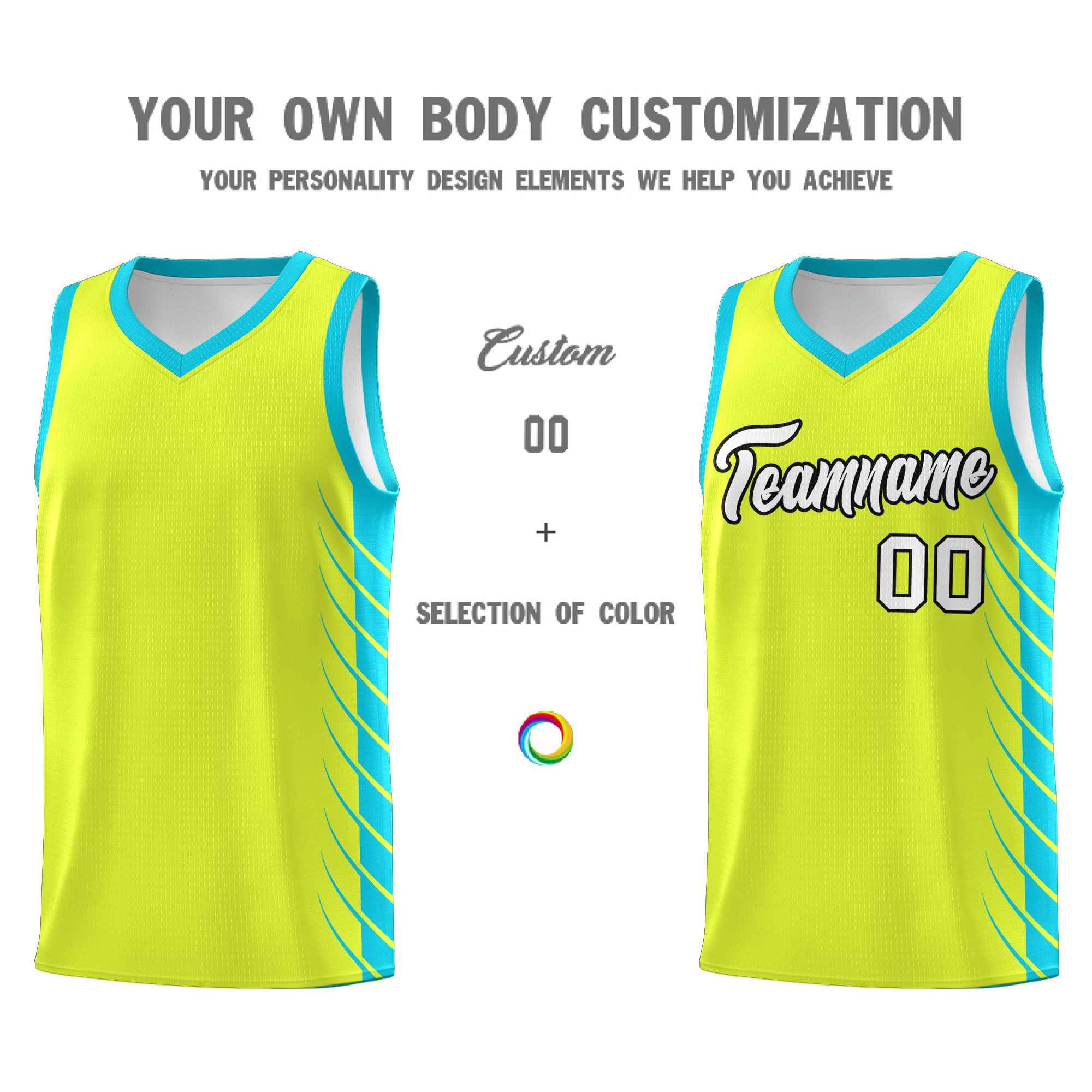 Custom Fluorescent Green Sky Blue Personalized Side Symmetrical Line Pattern Sports Uniform Basketball Jersey