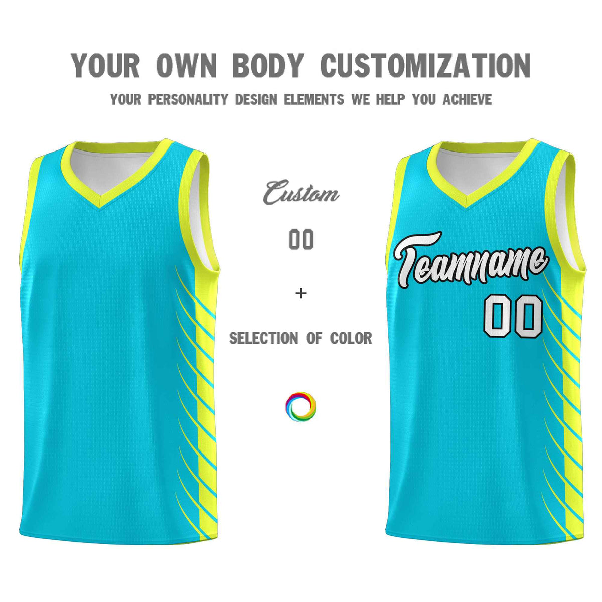Custom Sky Blue Fluorescent Green Personalized Side Symmetrical Line Pattern Sports Uniform Basketball Jersey