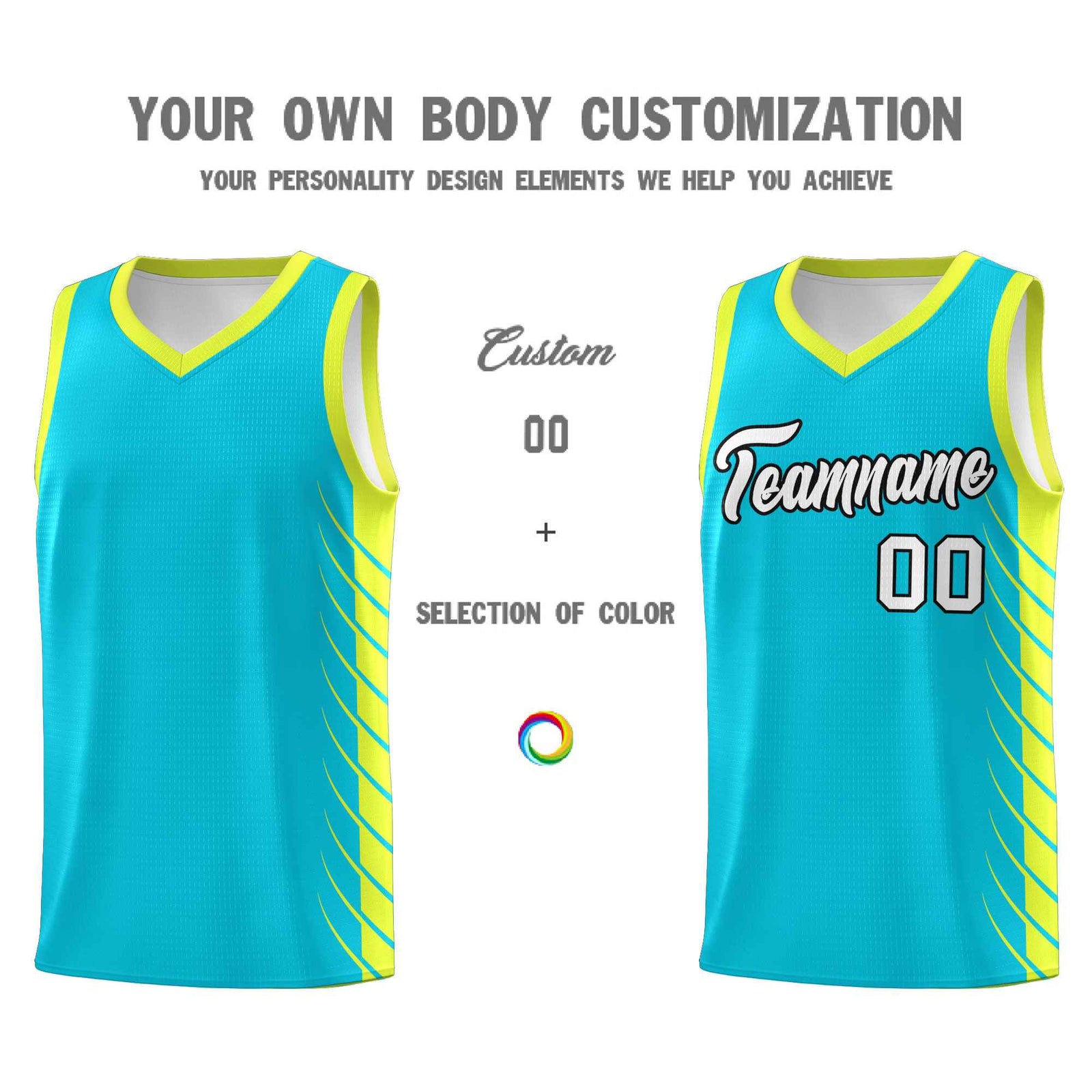 Custom Sky Blue Fluorescent Green Personalized Side Symmetrical Line Pattern Sports Uniform Basketball Jersey