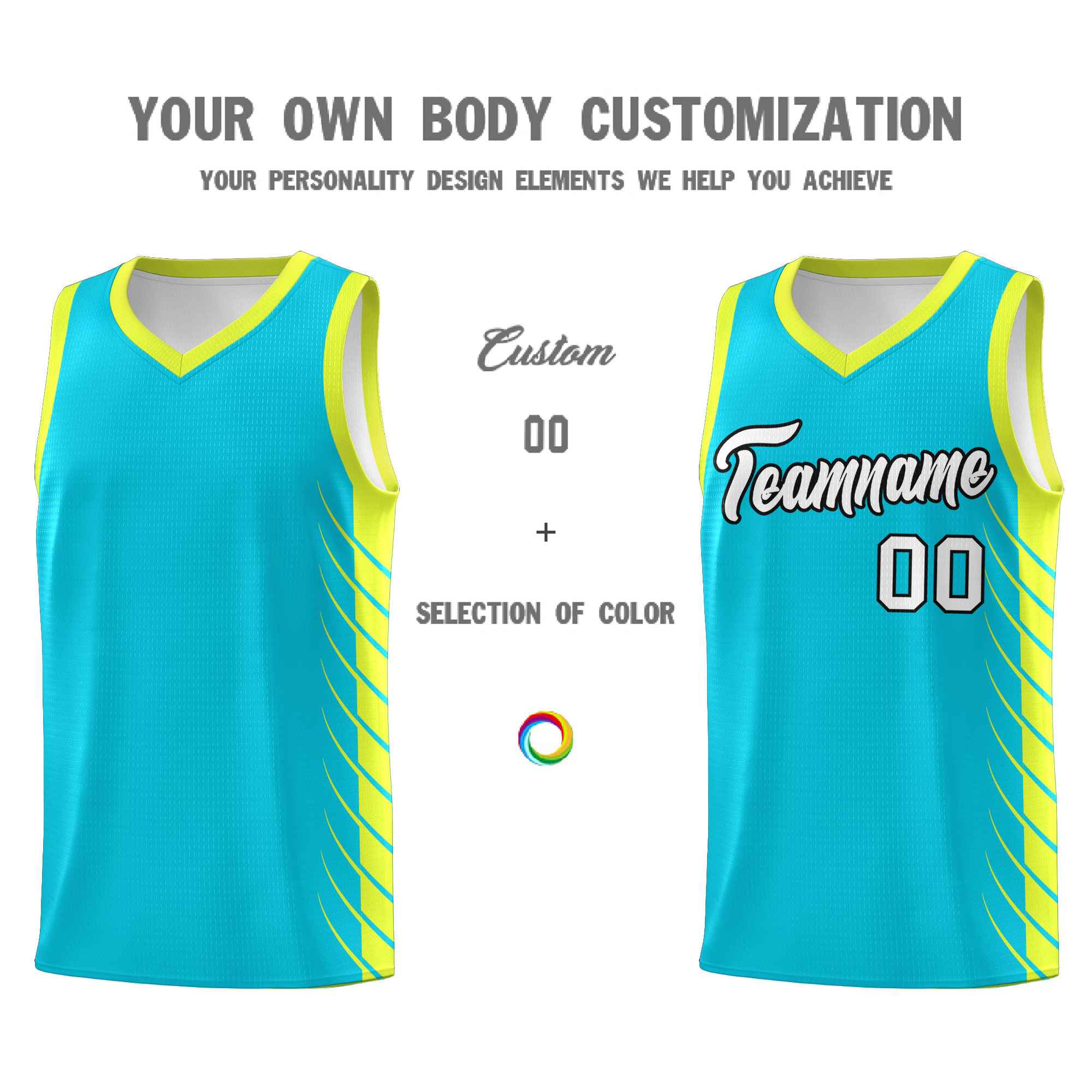 Custom Sky Blue Fluorescent Green Personalized Side Symmetrical Line Pattern Sports Uniform Basketball Jersey