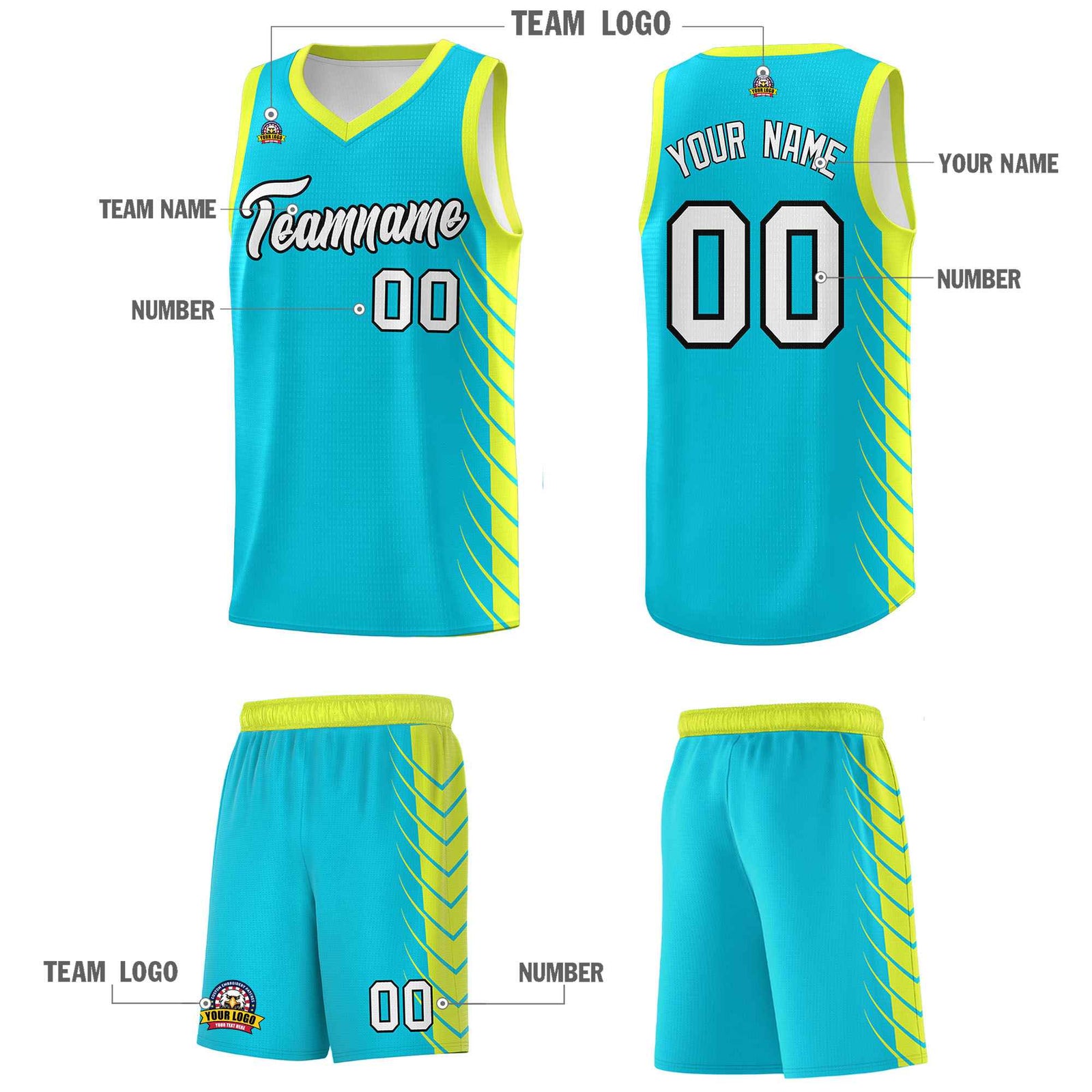 Custom Sky Blue Fluorescent Green Personalized Side Symmetrical Line Pattern Sports Uniform Basketball Jersey