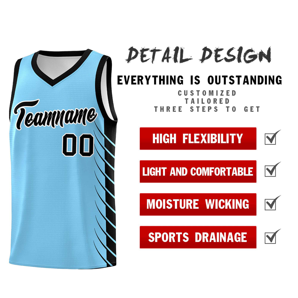 Custom Light Blue Black Personalized Side Symmetrical Line Pattern Sports Uniform Basketball Jersey
