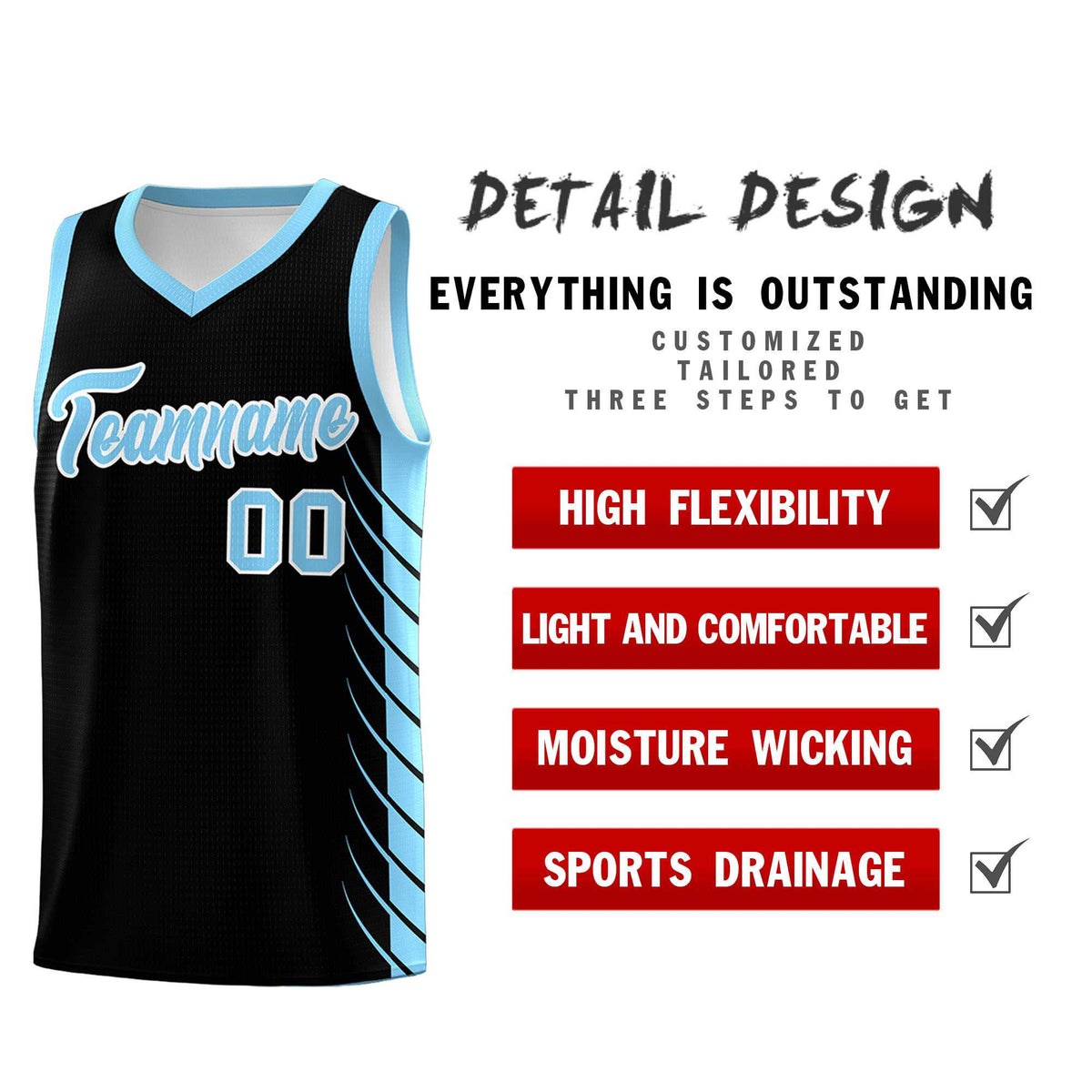 Custom Black Light Blue Personalized Side Symmetrical Line Pattern Sports Uniform Basketball Jersey
