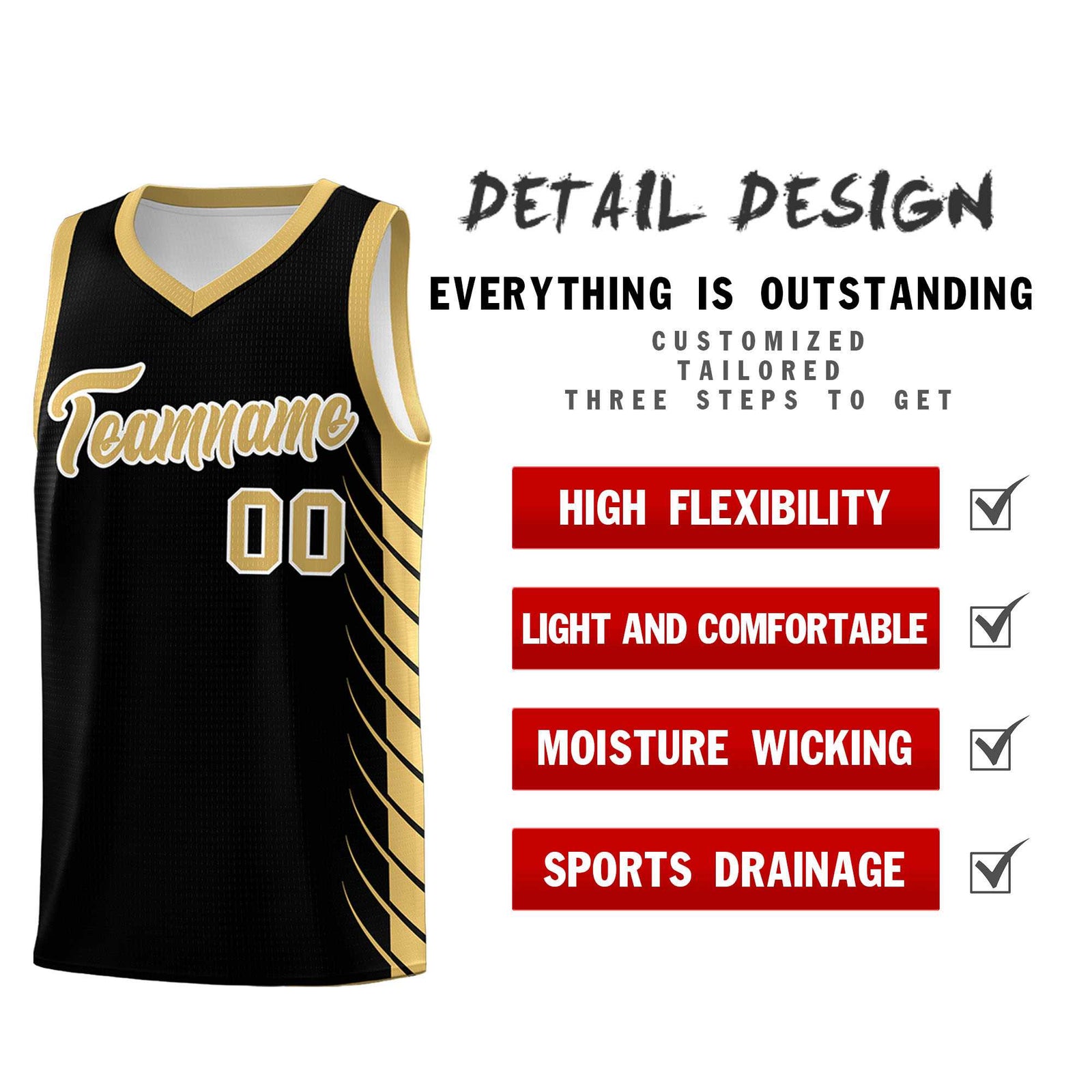 Custom Black Old Gold Personalized Side Symmetrical Line Pattern Sports Uniform Basketball Jersey