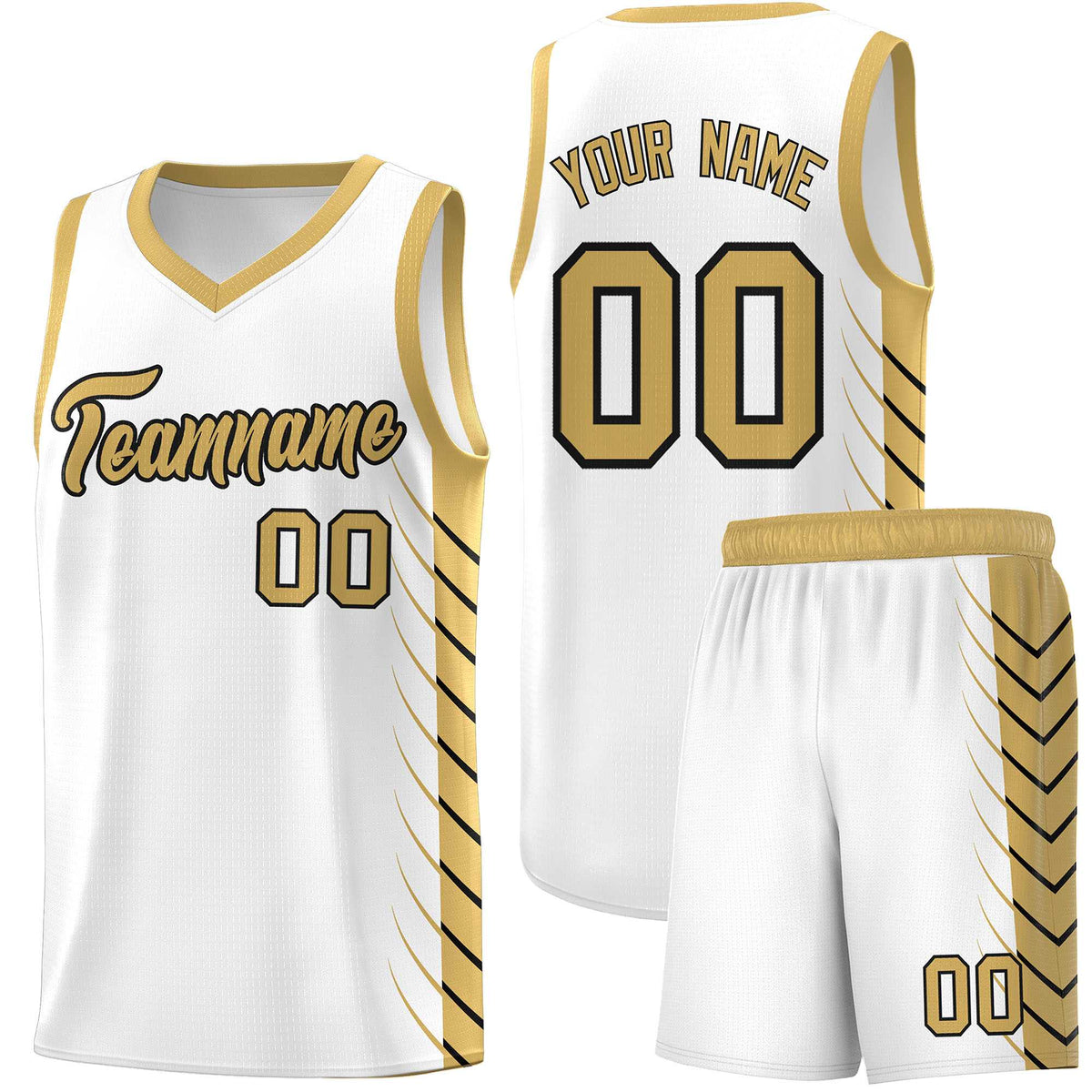 Custom White Old Gold Personalized Side Symmetrical Line Pattern Sports Uniform Basketball Jersey