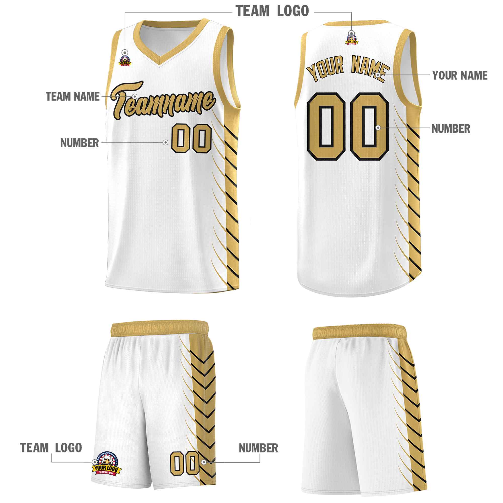 Custom White Old Gold Personalized Side Symmetrical Line Pattern Sports Uniform Basketball Jersey