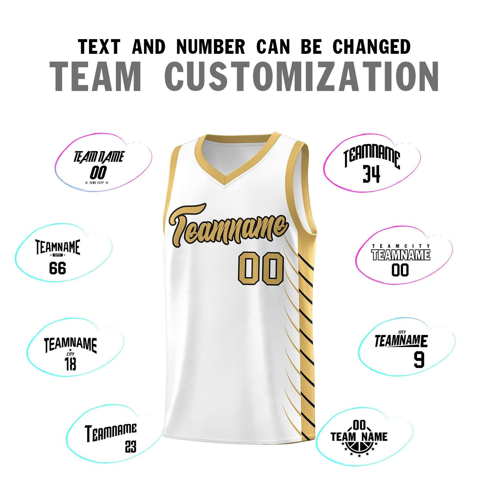 Custom White Old Gold Personalized Side Symmetrical Line Pattern Sports Uniform Basketball Jersey