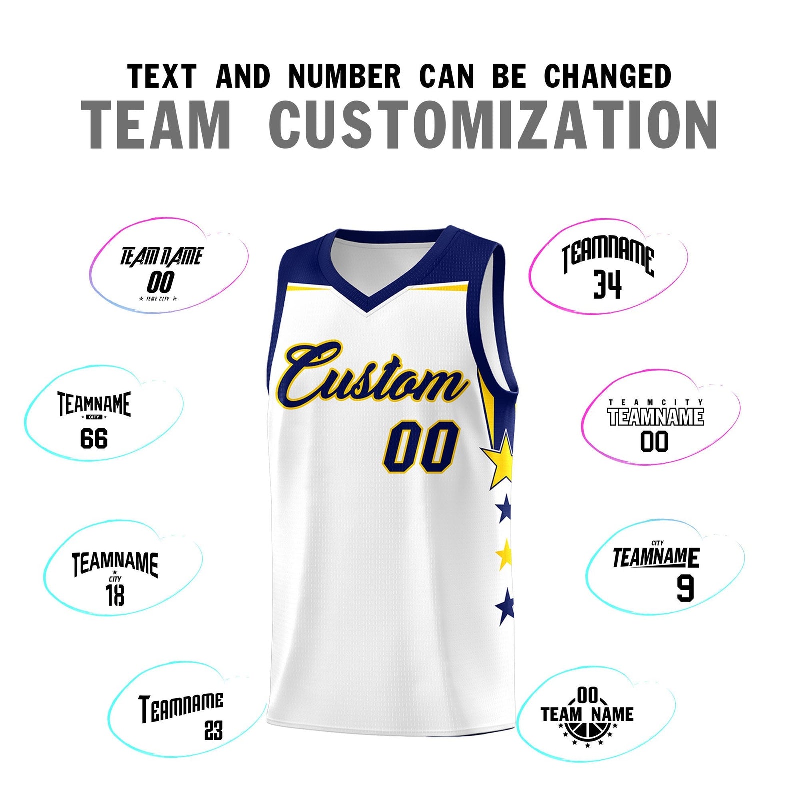 Custom Youth Basketball Uniform White Navy Two Tone Side Star Personalized Team Jersey