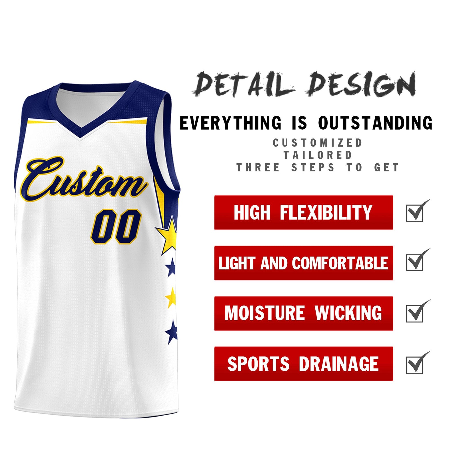 Custom Youth Basketball Uniform White Navy Two Tone Side Star Personalized Team Jersey