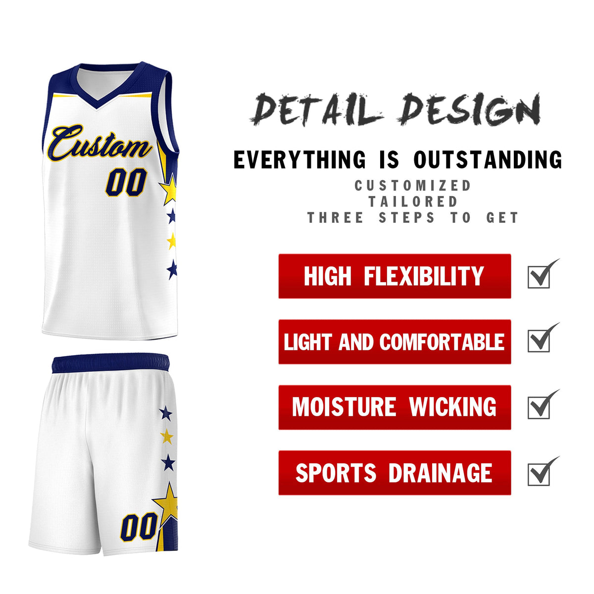 Custom Youth Basketball Uniform White Navy Two Tone Side Star Personalized Team Jersey