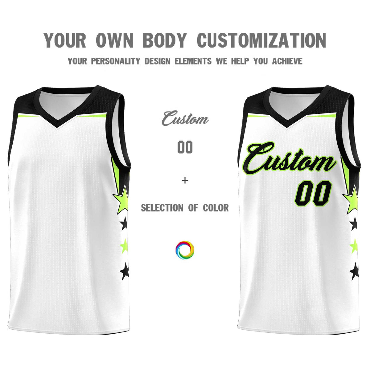 Custom Youth Basketball Uniform White Black Two Tone Side Star Add Name Number &amp; Logo