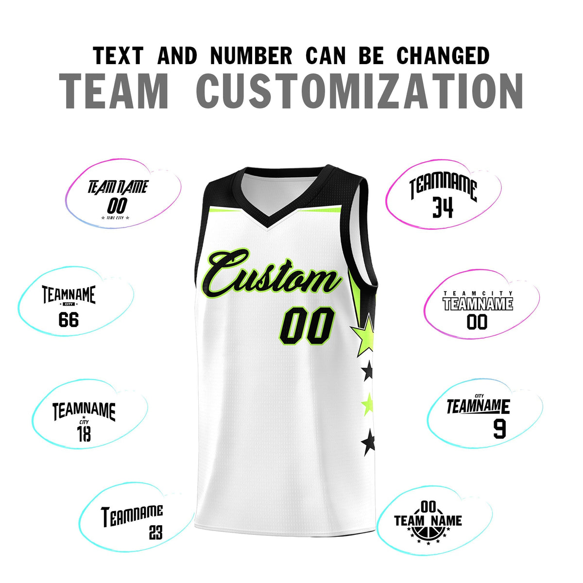Custom Youth Basketball Uniform White Black Two Tone Side Star Add Name Number &amp; Logo