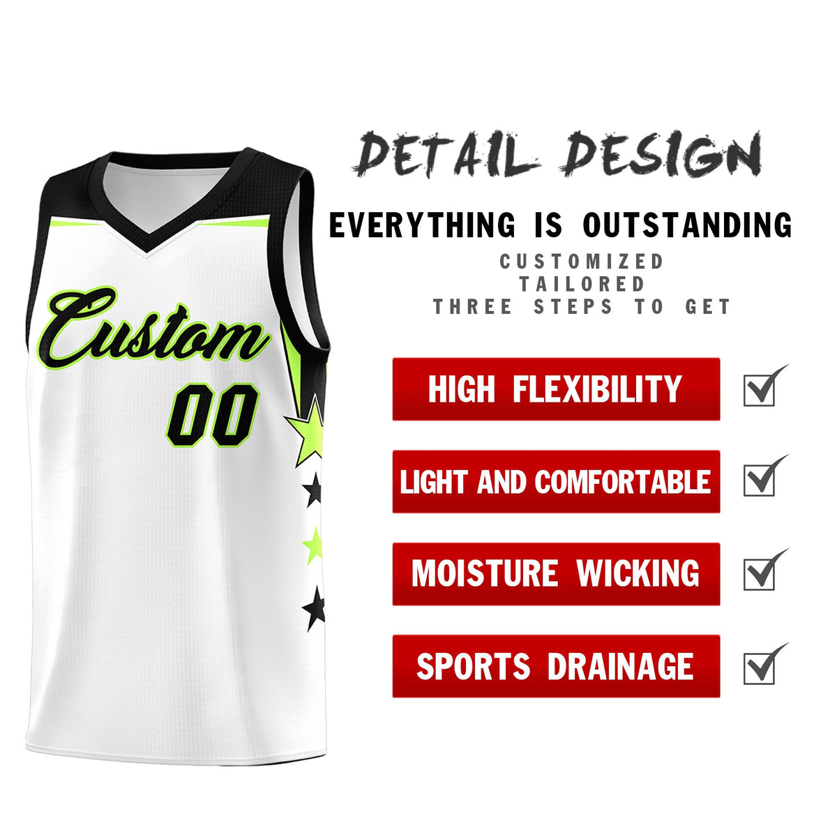 Custom Youth Basketball Uniform White Black Two Tone Side Star Add Name Number &amp; Logo