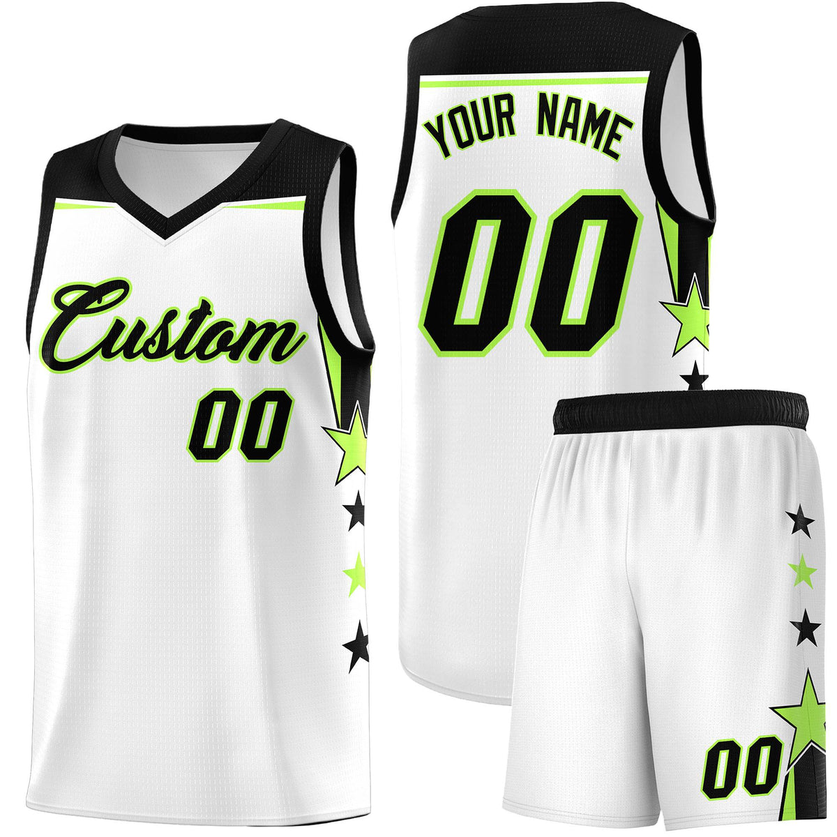 Custom Youth Basketball Uniform White Black Two Tone Side Star Add Name Number &amp; Logo