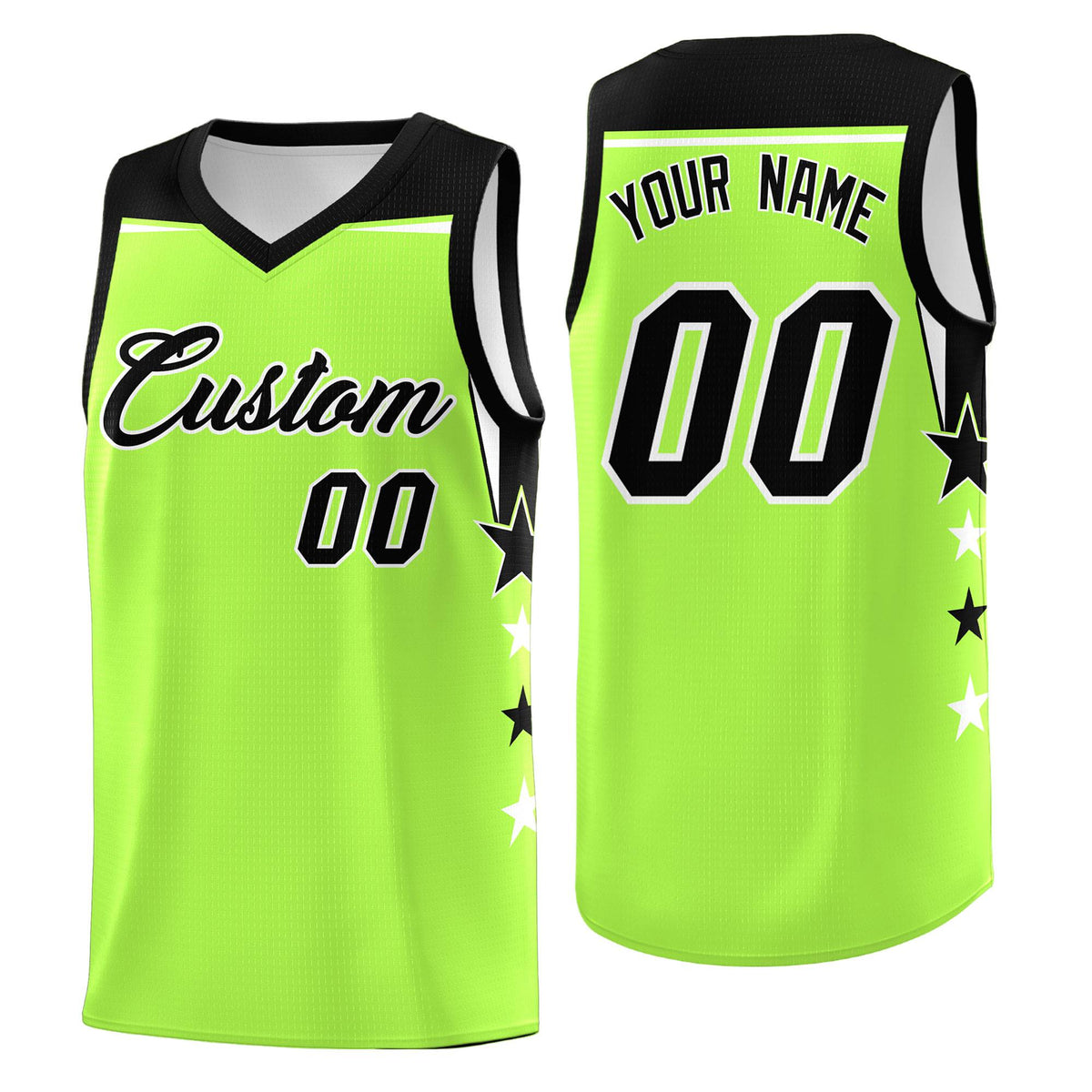 Custom Youth Basketball Uniform Fluorescent Green Black Two Tone Side Star Add Name Number &amp; Logo