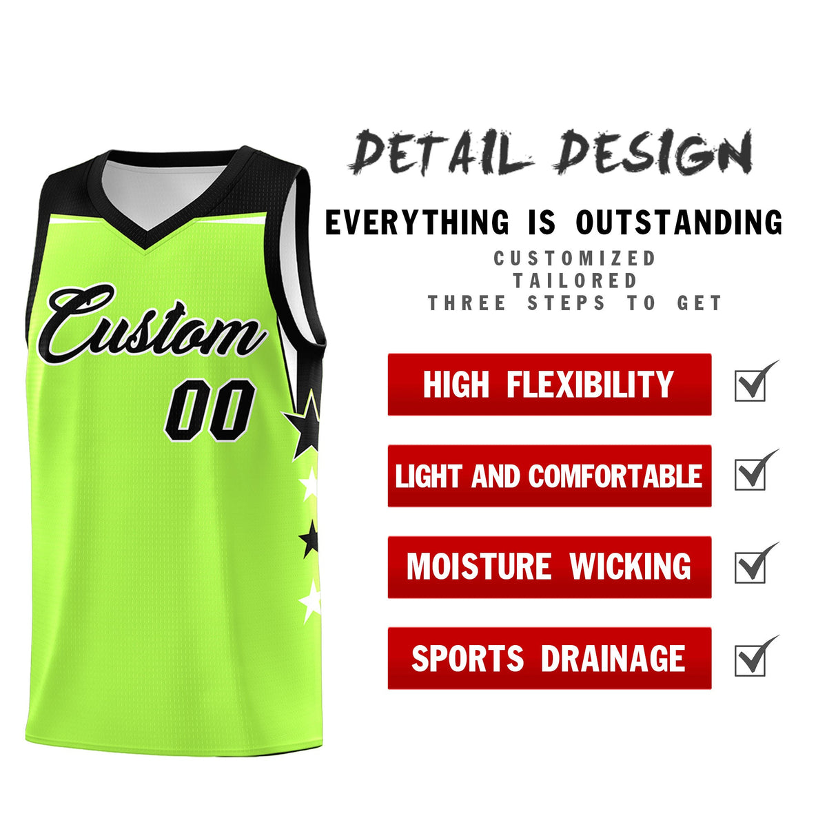 Custom Youth Basketball Uniform Fluorescent Green Black Two Tone Side Star Add Name Number &amp; Logo