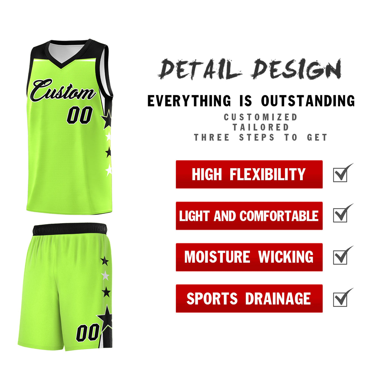 Custom Youth Basketball Uniform Fluorescent Green Black Two Tone Side Star Add Name Number &amp; Logo