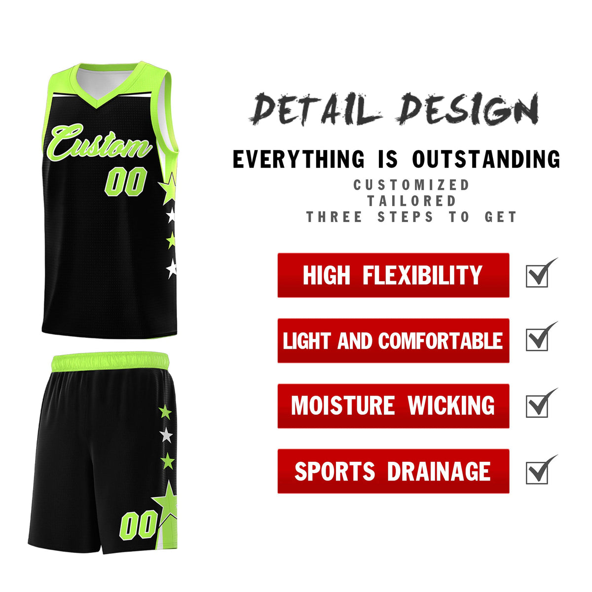 Custom Youth Basketball Uniform Black Fluorescent Green Two Tone Side Star Personalized Team Jersey