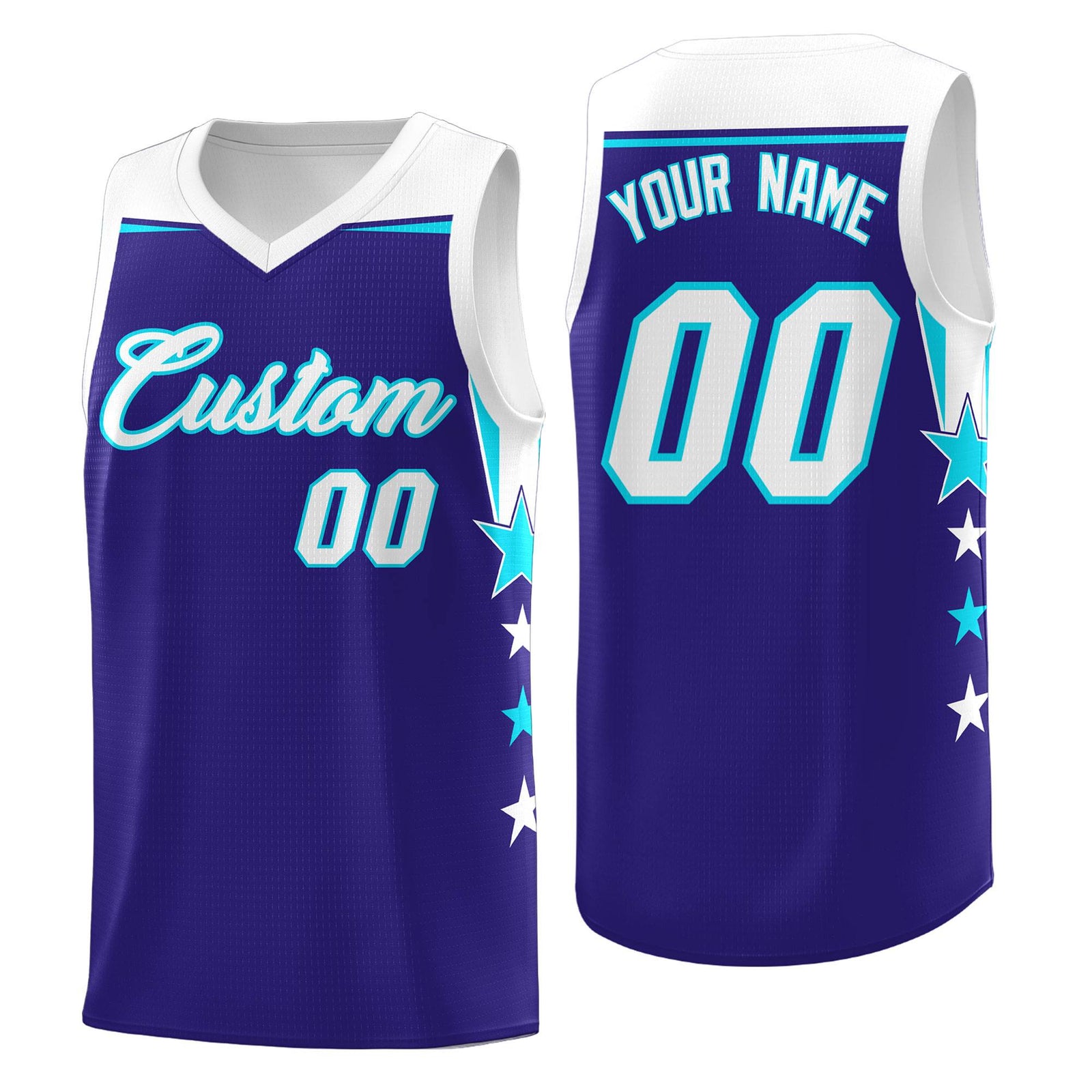 Custom Youth Basketball Uniform Royal White Two Tone Side Star Add Name Number & Logo