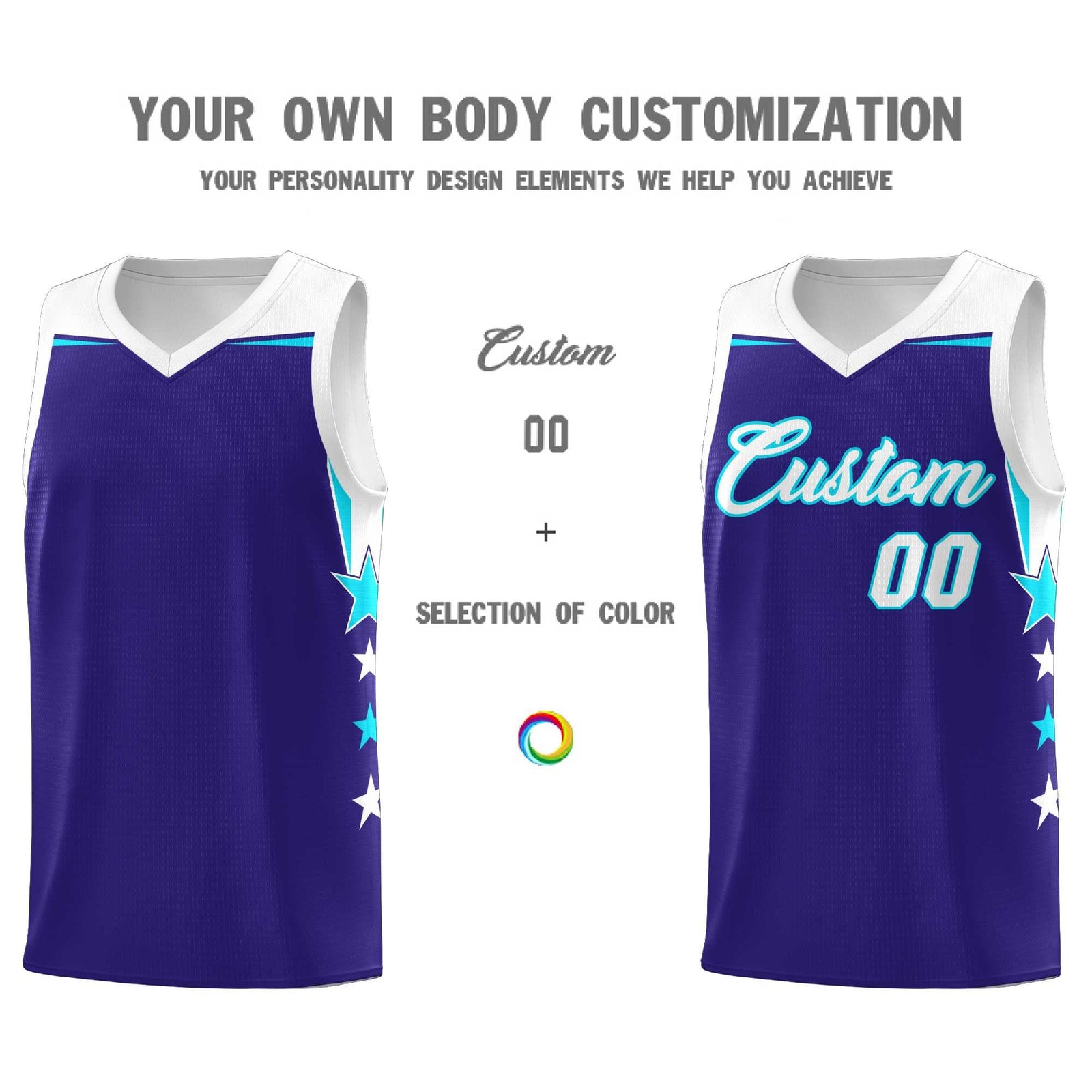 Custom Youth Basketball Uniform Royal White Two Tone Side Star Add Name Number & Logo