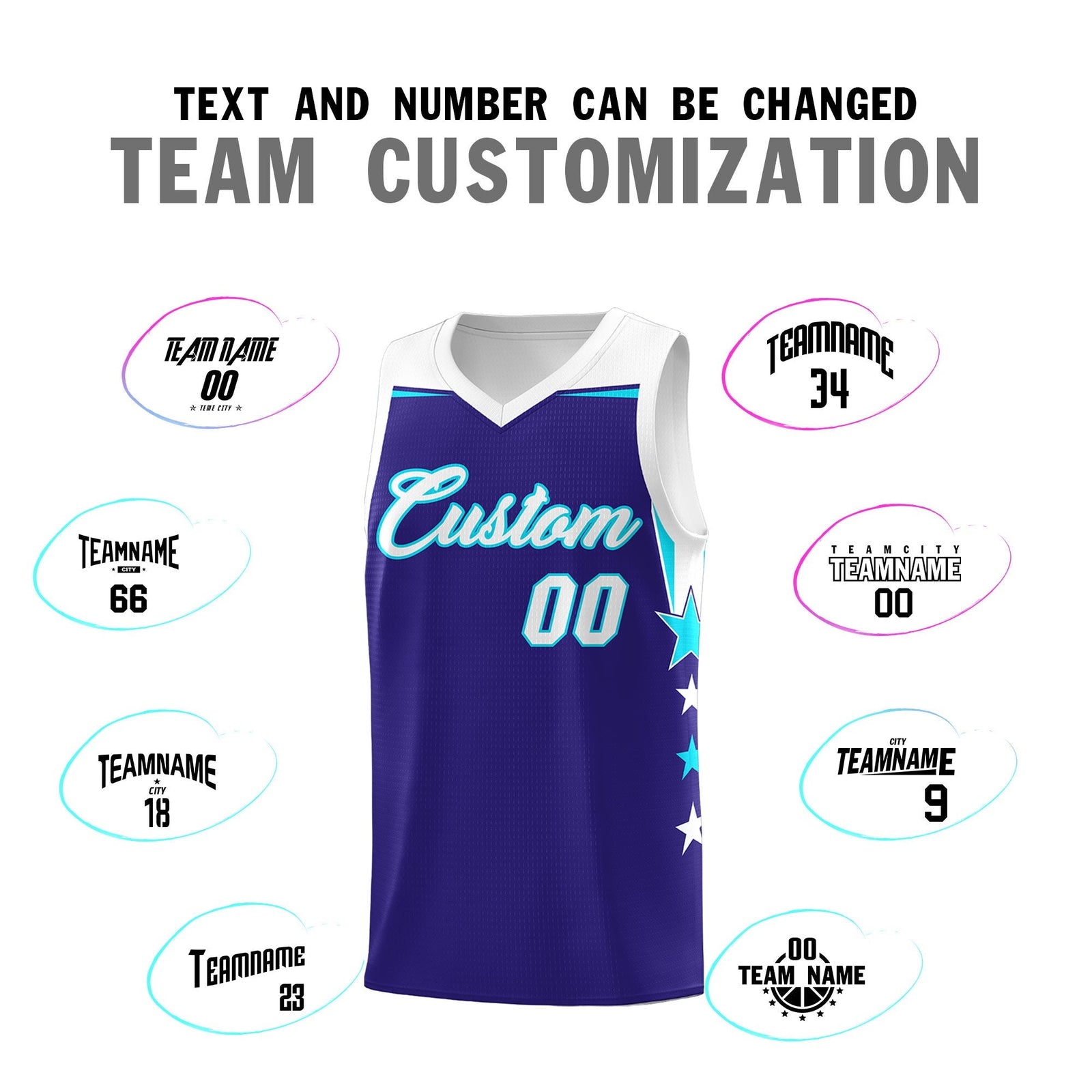 Custom Youth Basketball Uniform Royal White Two Tone Side Star Add Name Number & Logo