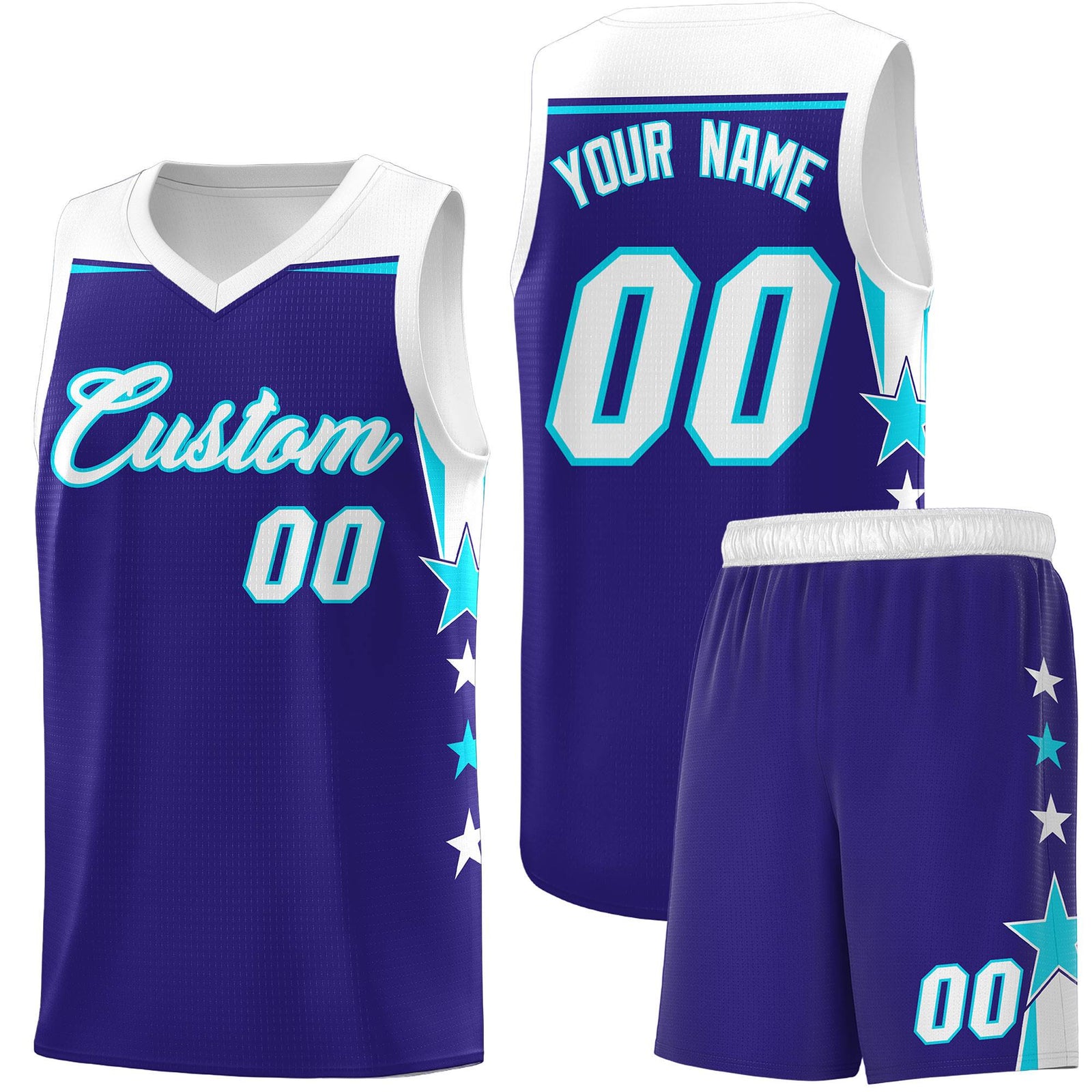 Custom Youth Basketball Uniform Royal White Two Tone Side Star Add Name Number & Logo