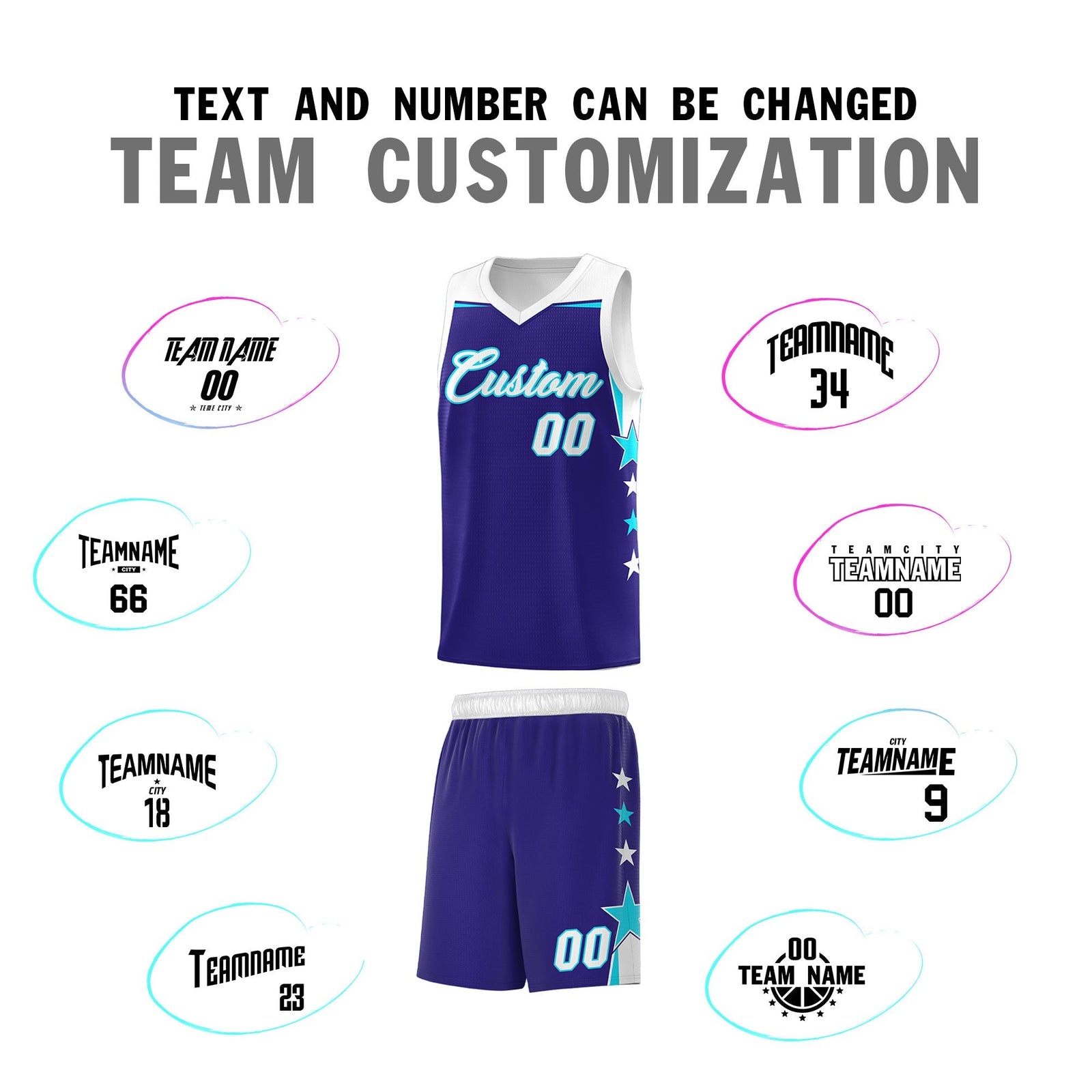 Custom Youth Basketball Uniform Royal White Two Tone Side Star Add Name Number & Logo