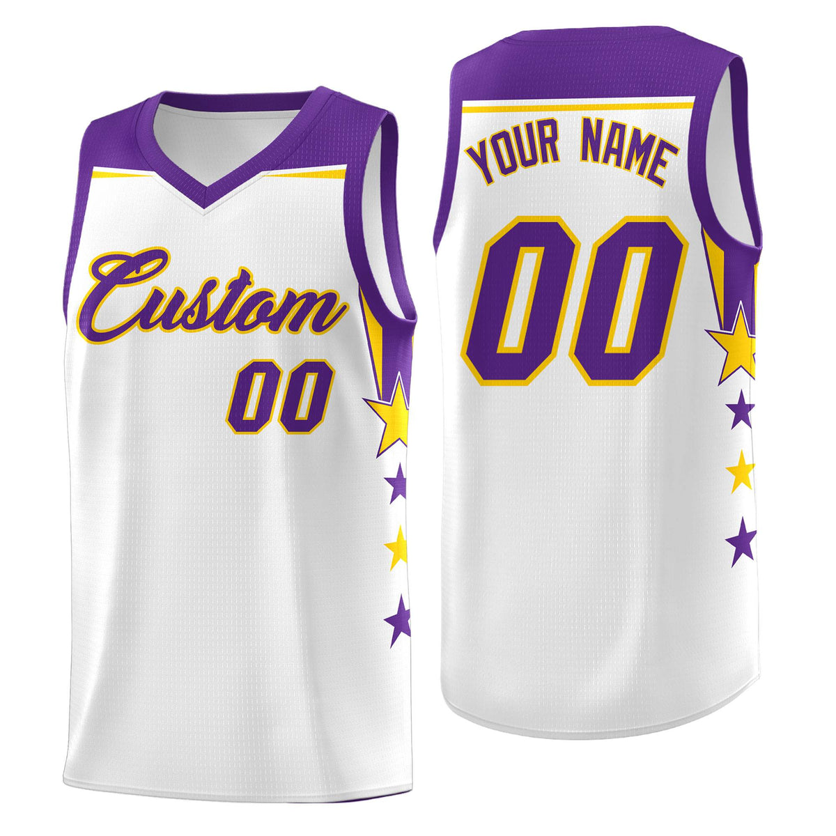 Custom Youth Basketball Uniform White Purple Two Tone Side Star Color Block Team Jersey