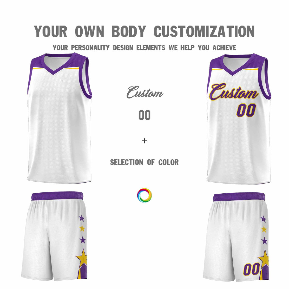 Custom Youth Basketball Uniform White Purple Two Tone Side Star Color Block Team Jersey