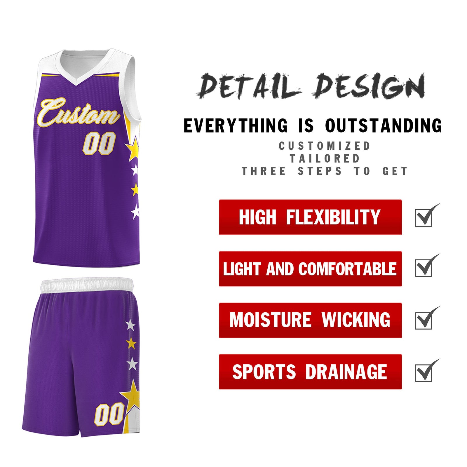 Custom Youth Basketball Uniform Purple White Two Tone Side Star Add Name Number & Logo